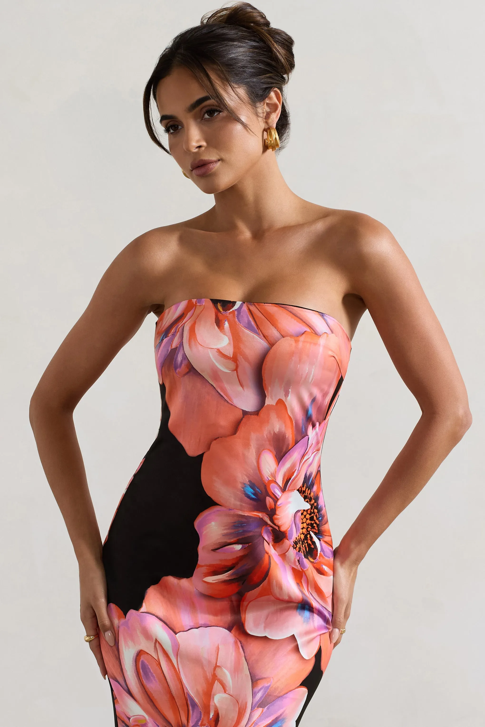 Sofiane | Black & Pink Floral Print Bandeau Maxi Dress sold by Club L London product image thumbnail 3