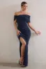 Eva | Navy Bardot Bow Detail Maxi Dress With Thigh Split sold by Club L London