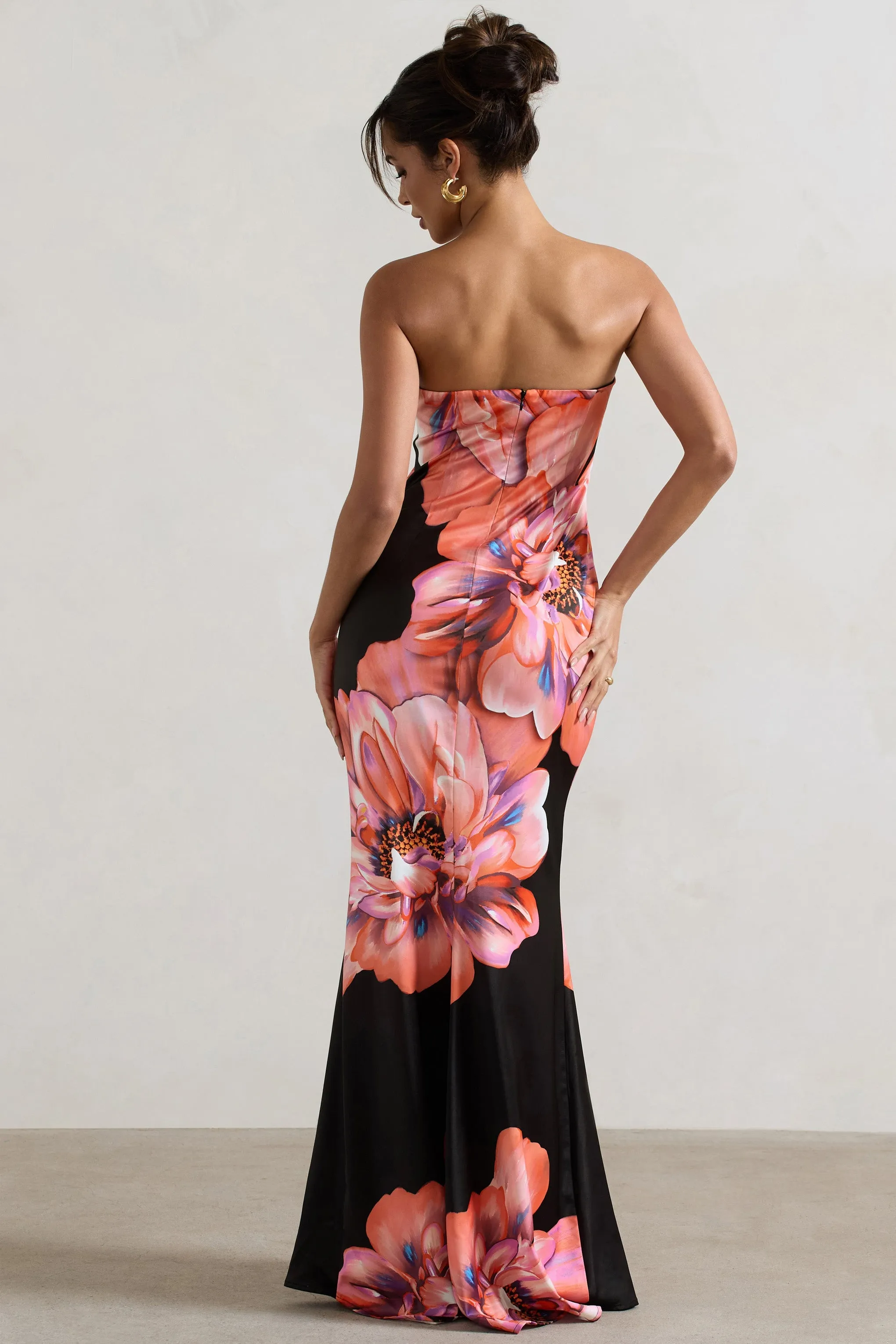 Sofiane | Black & Pink Floral Print Bandeau Maxi Dress sold by Club L London product image thumbnail 2