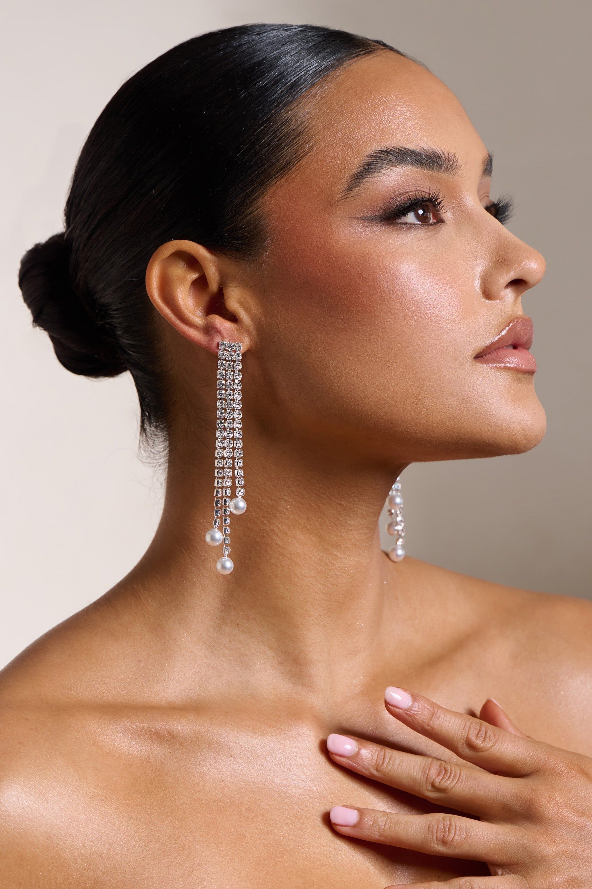 Daffodil | Silver Diamante Pearl Drop Earrings sold by Club L London