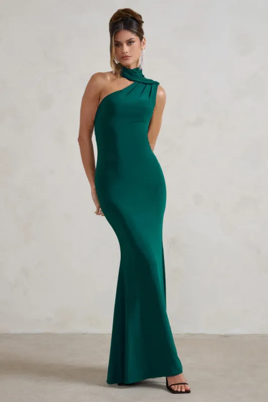 Capucine | Bottle Green One Shoulder Draped Maxi Dress sold by Club L London