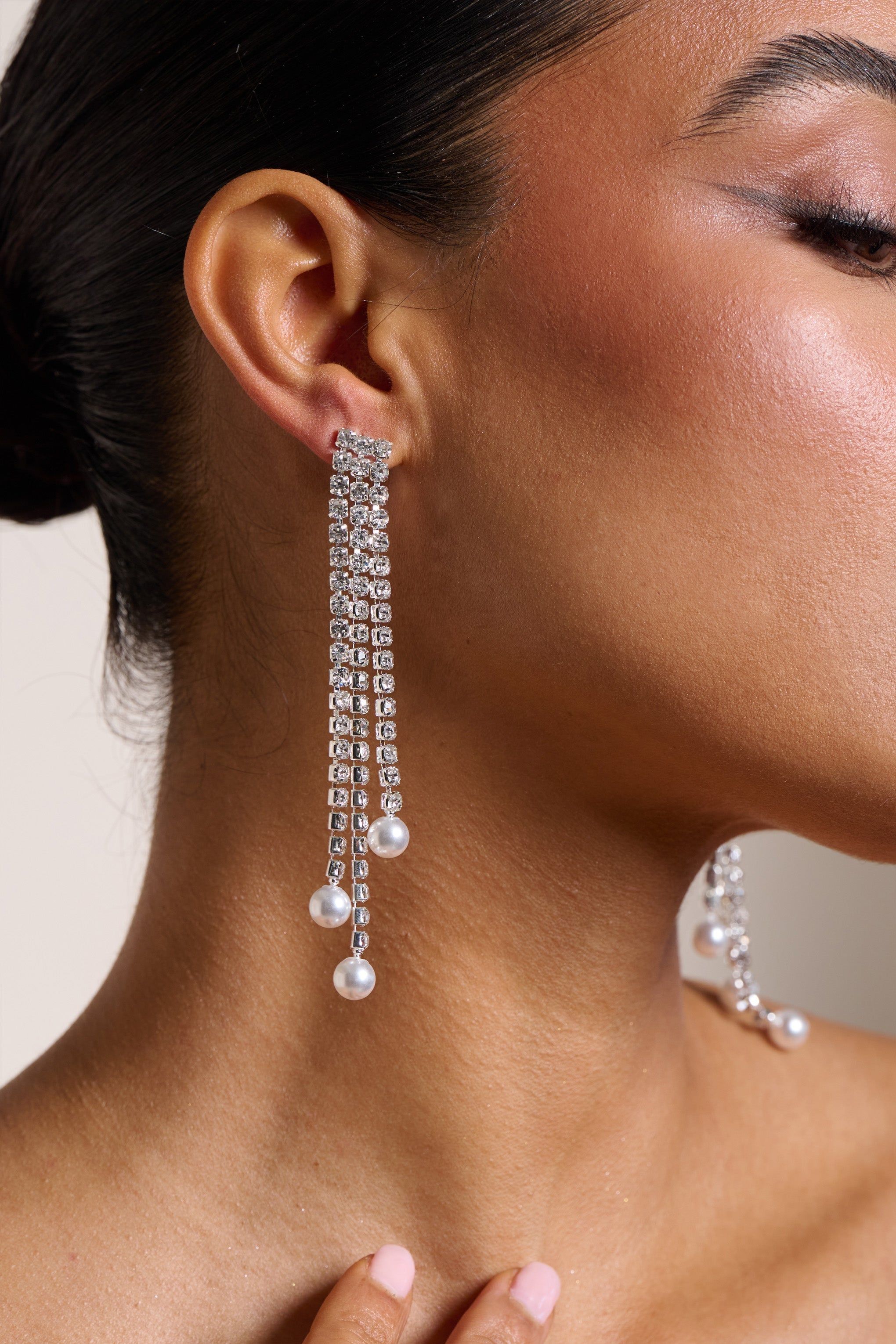 Daffodil | Silver Diamante Pearl Drop Earrings sold by Club L London product image thumbnail 2