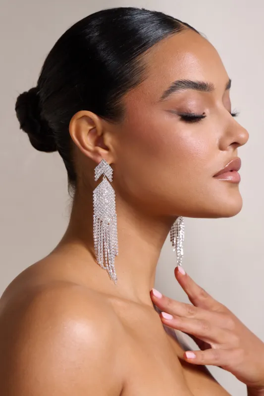 Gabbie | Silver Diamante Tassel Drop Earrings sold by Club L London