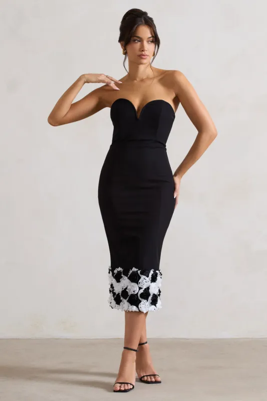 Ramona | Black Bodycon Sweetheart Midi Dress With Floral Trim sold by Club L London