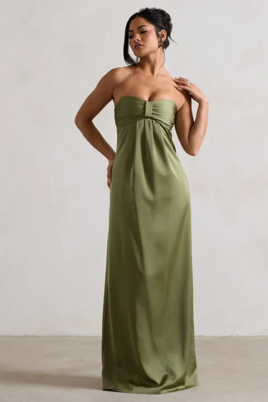 April | Olive Green Satin Sweetheart Maxi Dress sold by Club L London