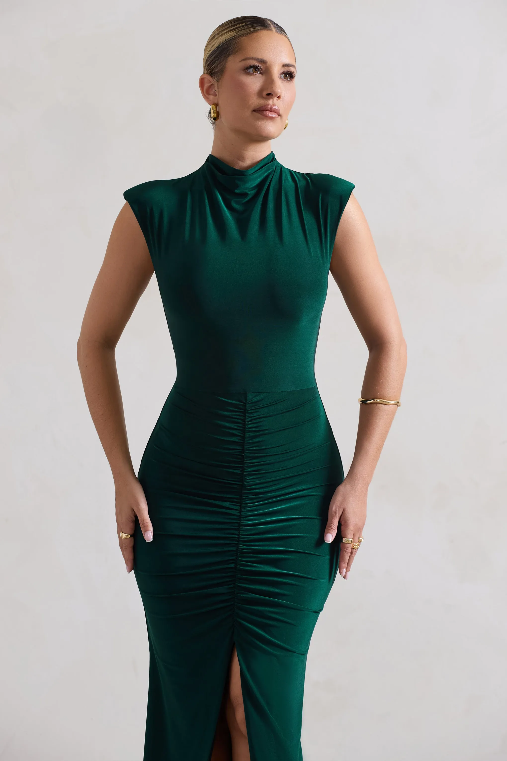 Samira | Bottle Green Ruched High-Neck Split Maxi Dress sold by Club L London product image thumbnail 3