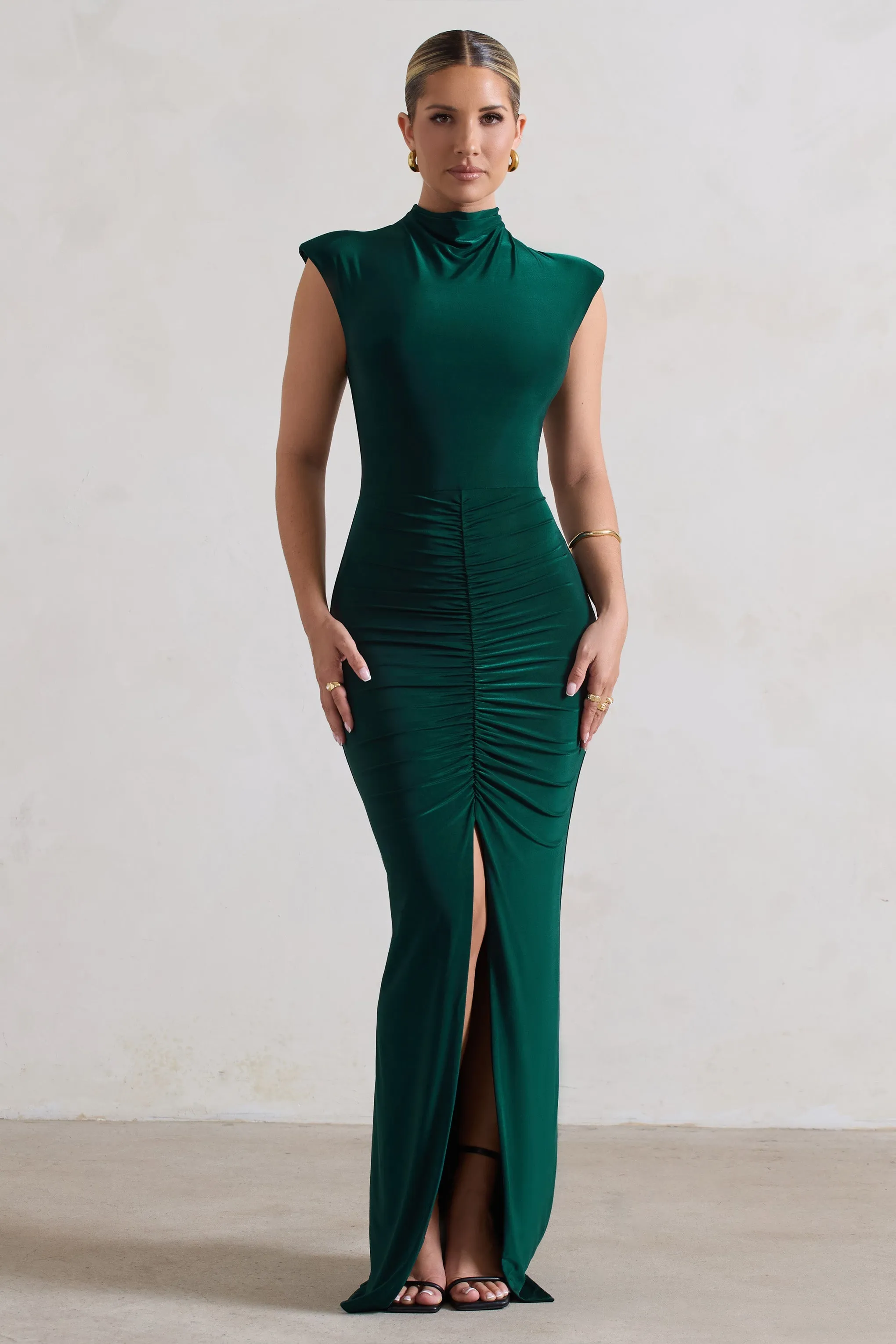 Samira | Bottle Green Ruched High-Neck Split Maxi Dress sold by Club L London