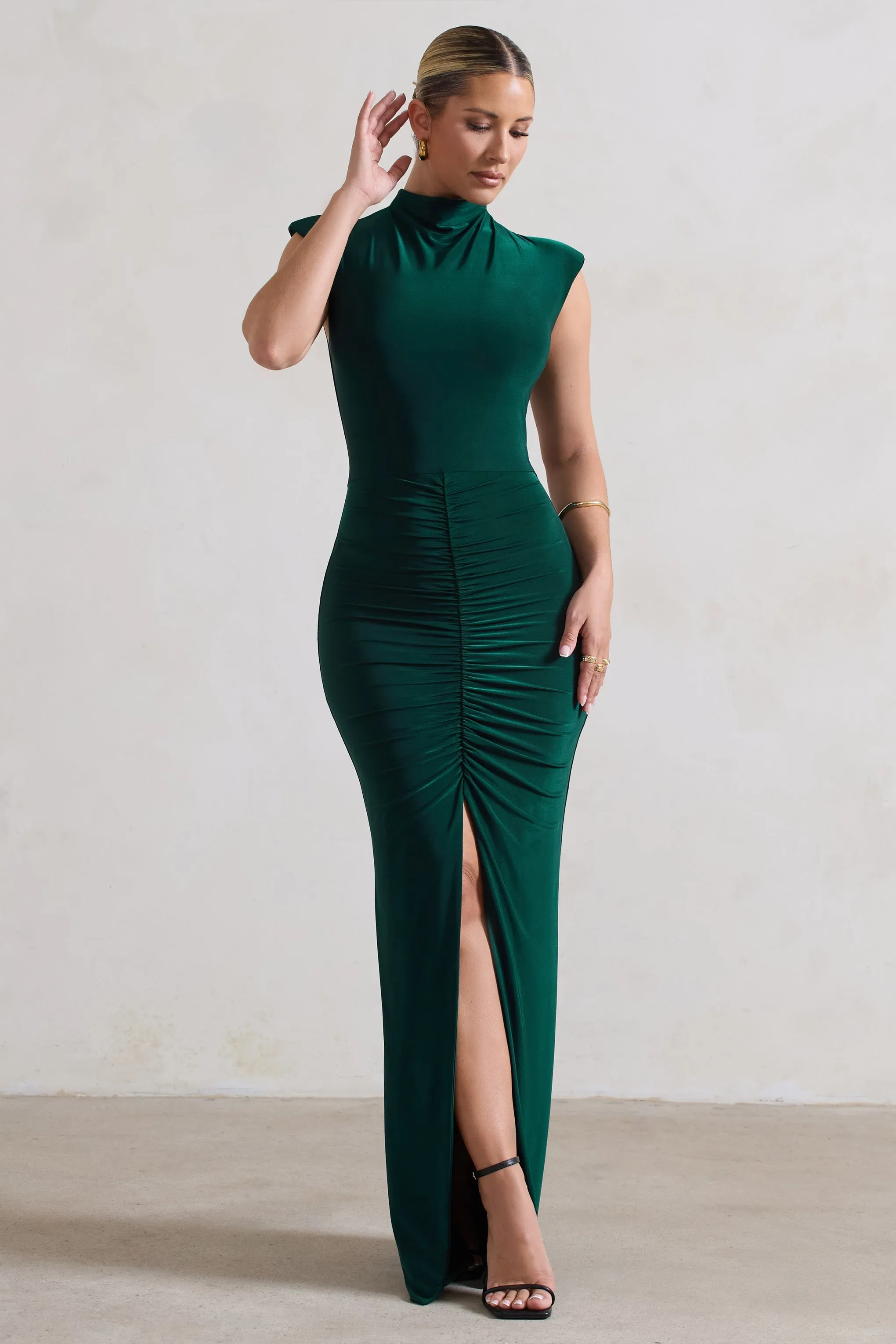 Samira | Bottle Green Ruched High-Neck Split Maxi Dress sold by Club L London product image thumbnail 4