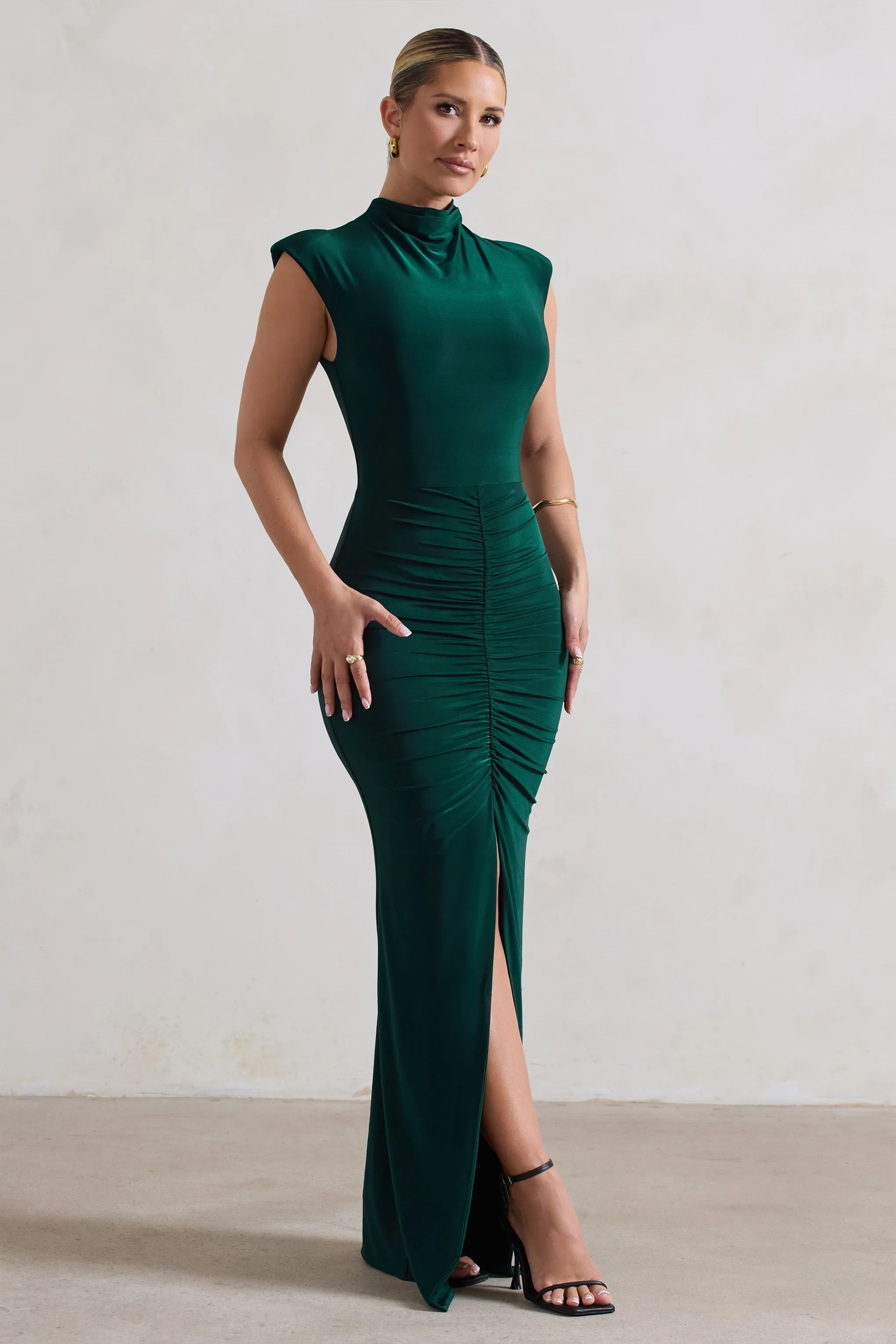 Samira | Bottle Green Ruched High-Neck Split Maxi Dress sold by Club L London product image thumbnail 5