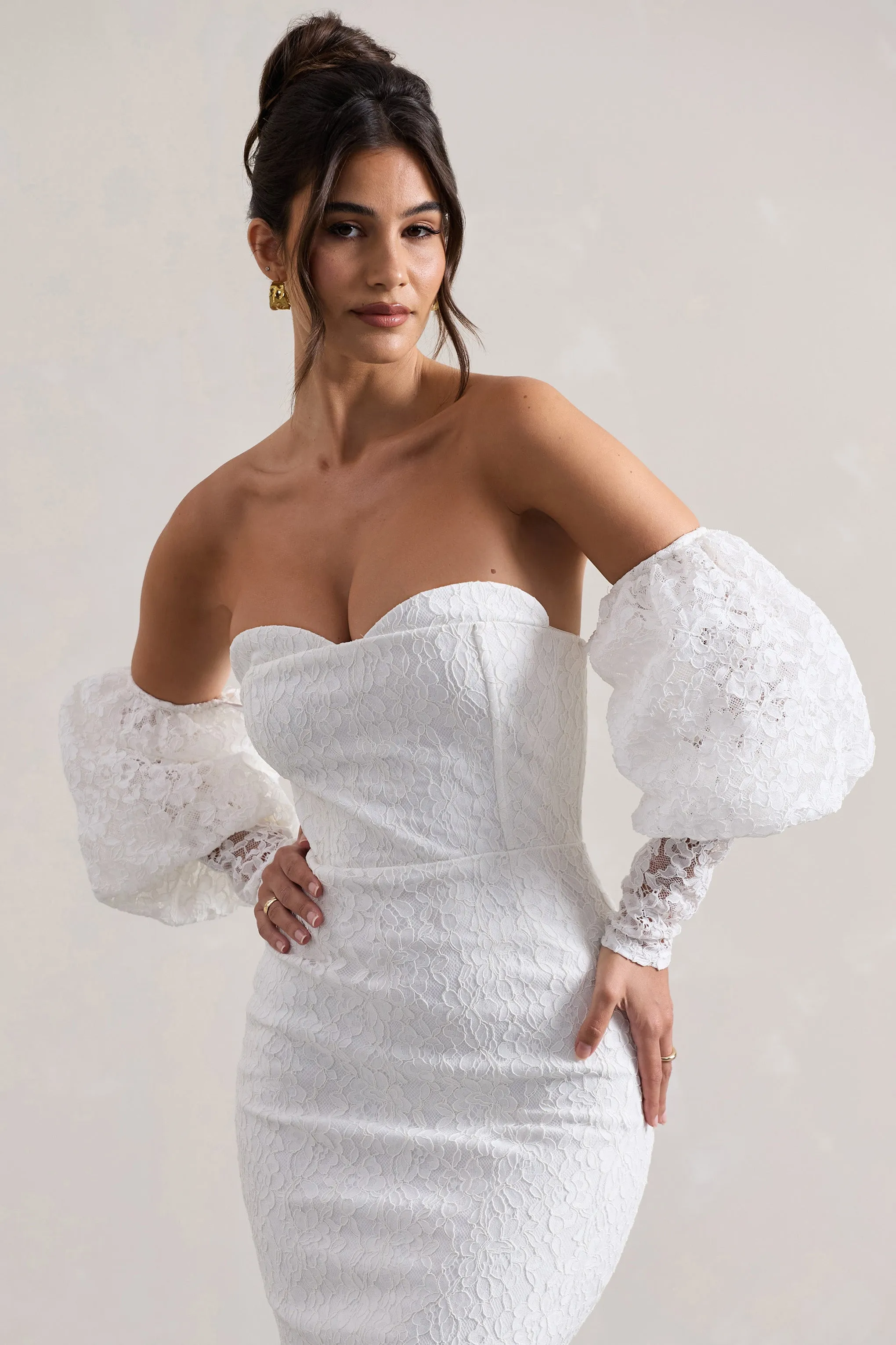 Mary | White Lace Bardot Puff-Sleeve Midi Dress sold by Club L London product image thumbnail 3