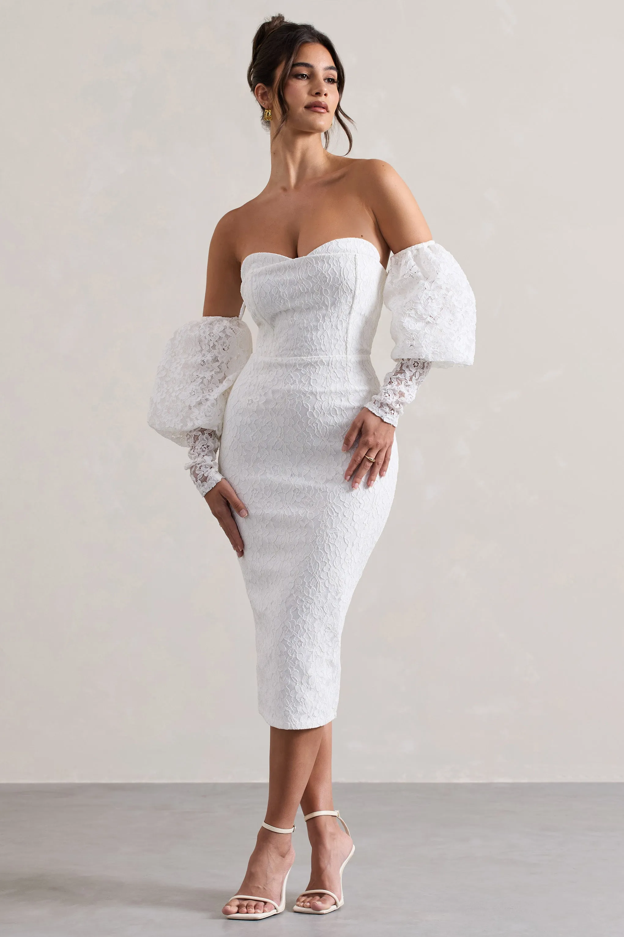 Mary | White Lace Bardot Puff-Sleeve Midi Dress sold by Club L London