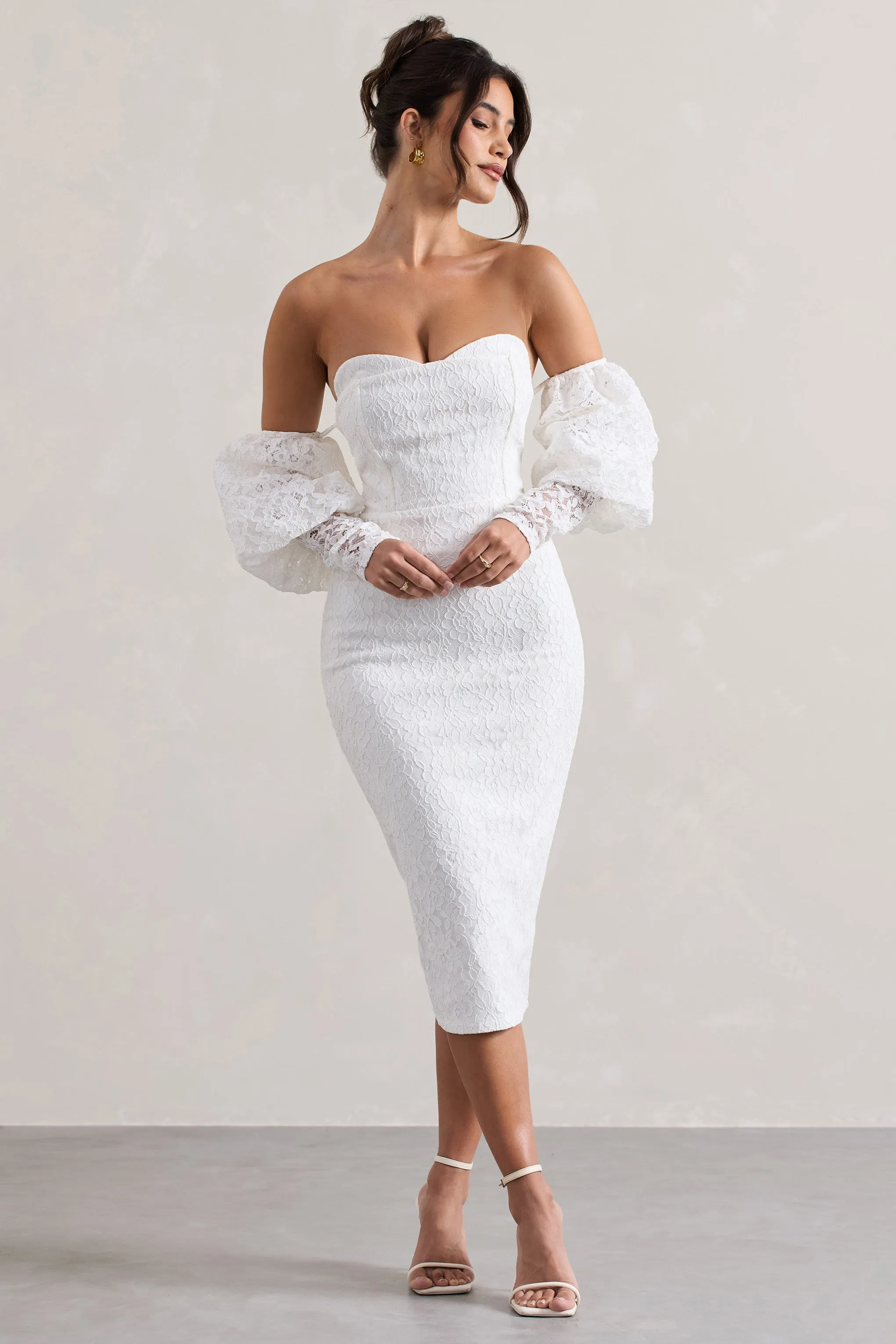 Mary | White Lace Bardot Puff-Sleeve Midi Dress sold by Club L London product image thumbnail 4