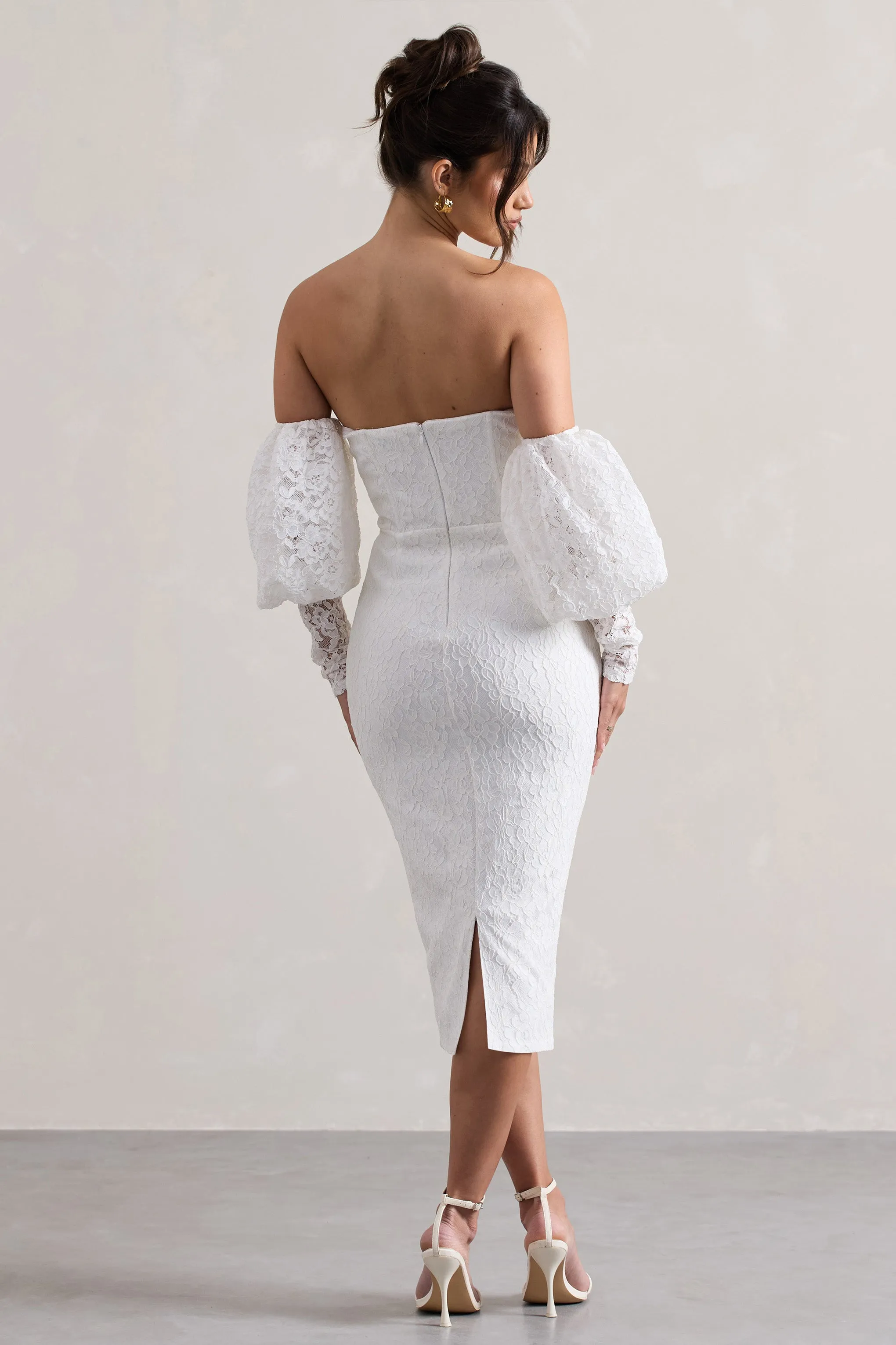 Mary | White Lace Bardot Puff-Sleeve Midi Dress sold by Club L London product image thumbnail 2