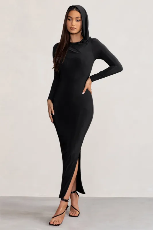 Milania | Black Long Sleeve Maxi Dress with Hood sold by Club L London