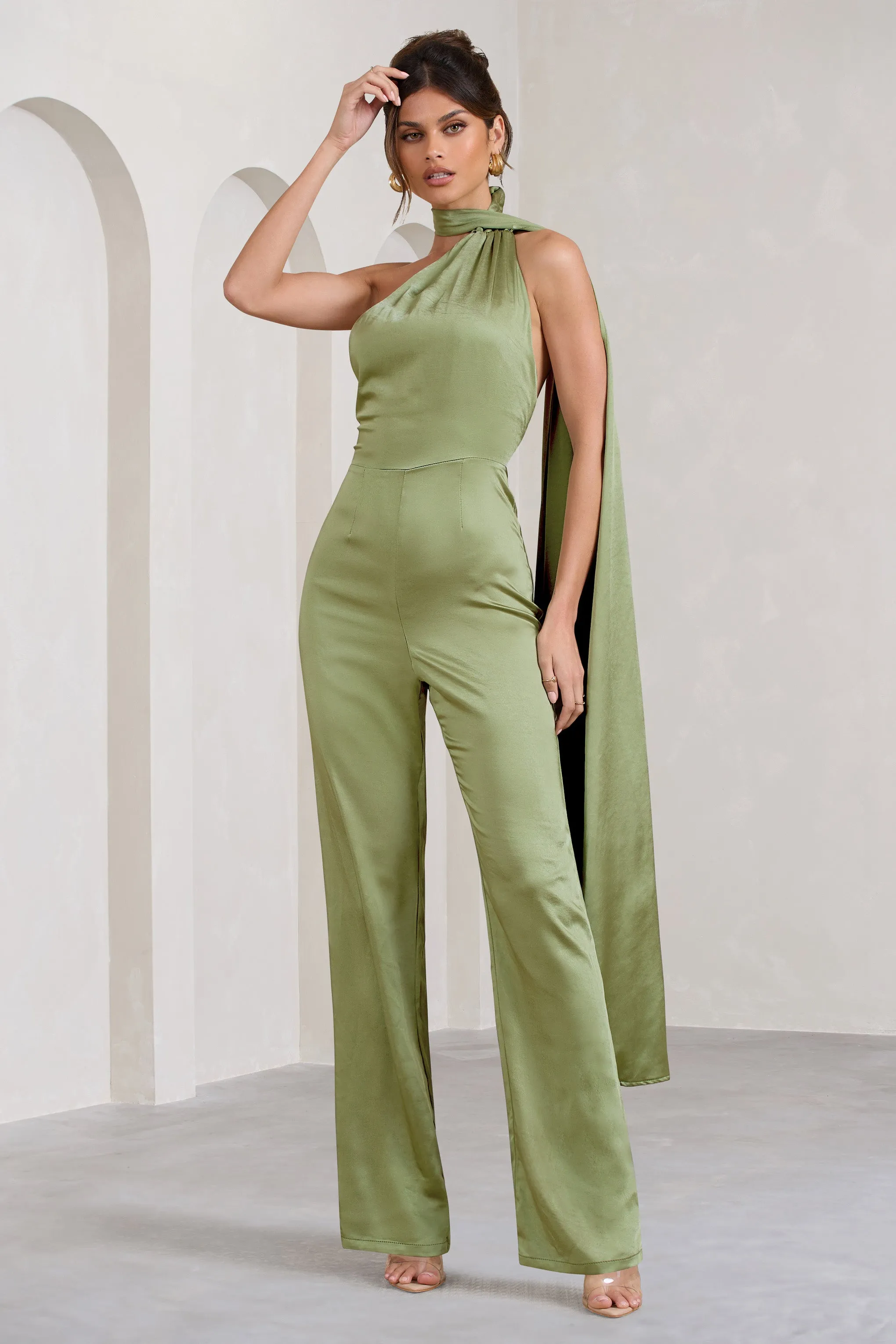 Cascada | Olive Green Satin Wide Leg Jumpsuit With Statement Scarf Neck sold by Club L London