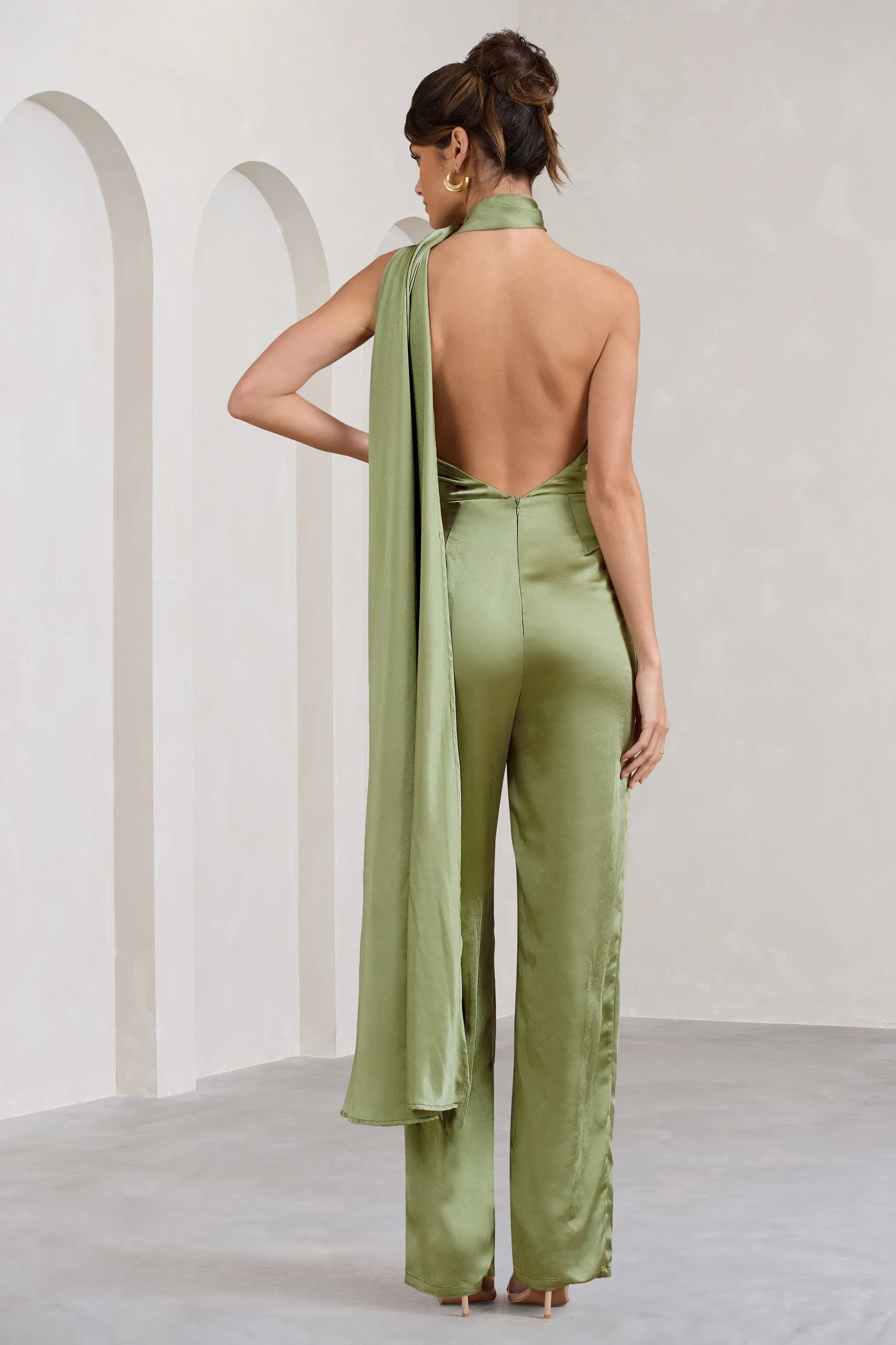 Cascada | Olive Green Satin Wide Leg Jumpsuit With Statement Scarf Neck sold by Club L London product image thumbnail 2