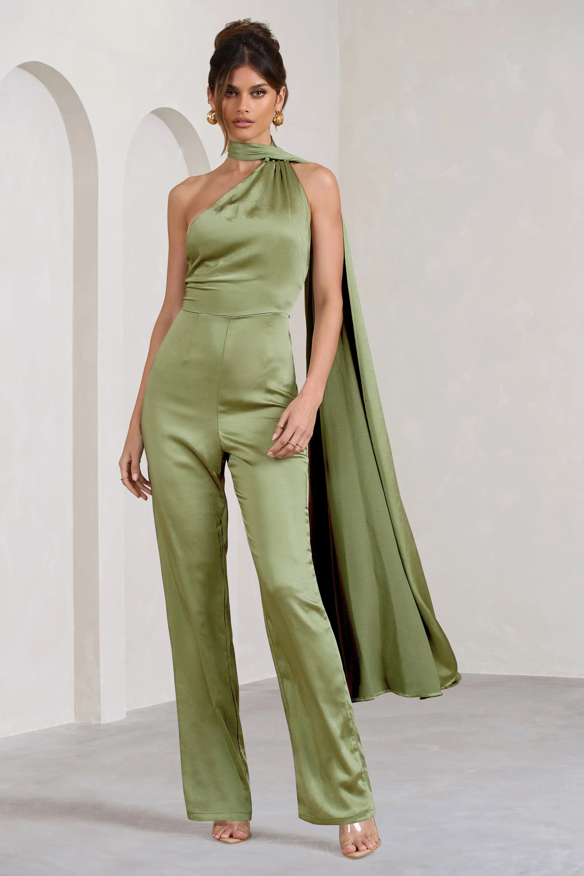 Cascada | Olive Green Satin Wide Leg Jumpsuit With Statement Scarf Neck sold by Club L London product image thumbnail 4