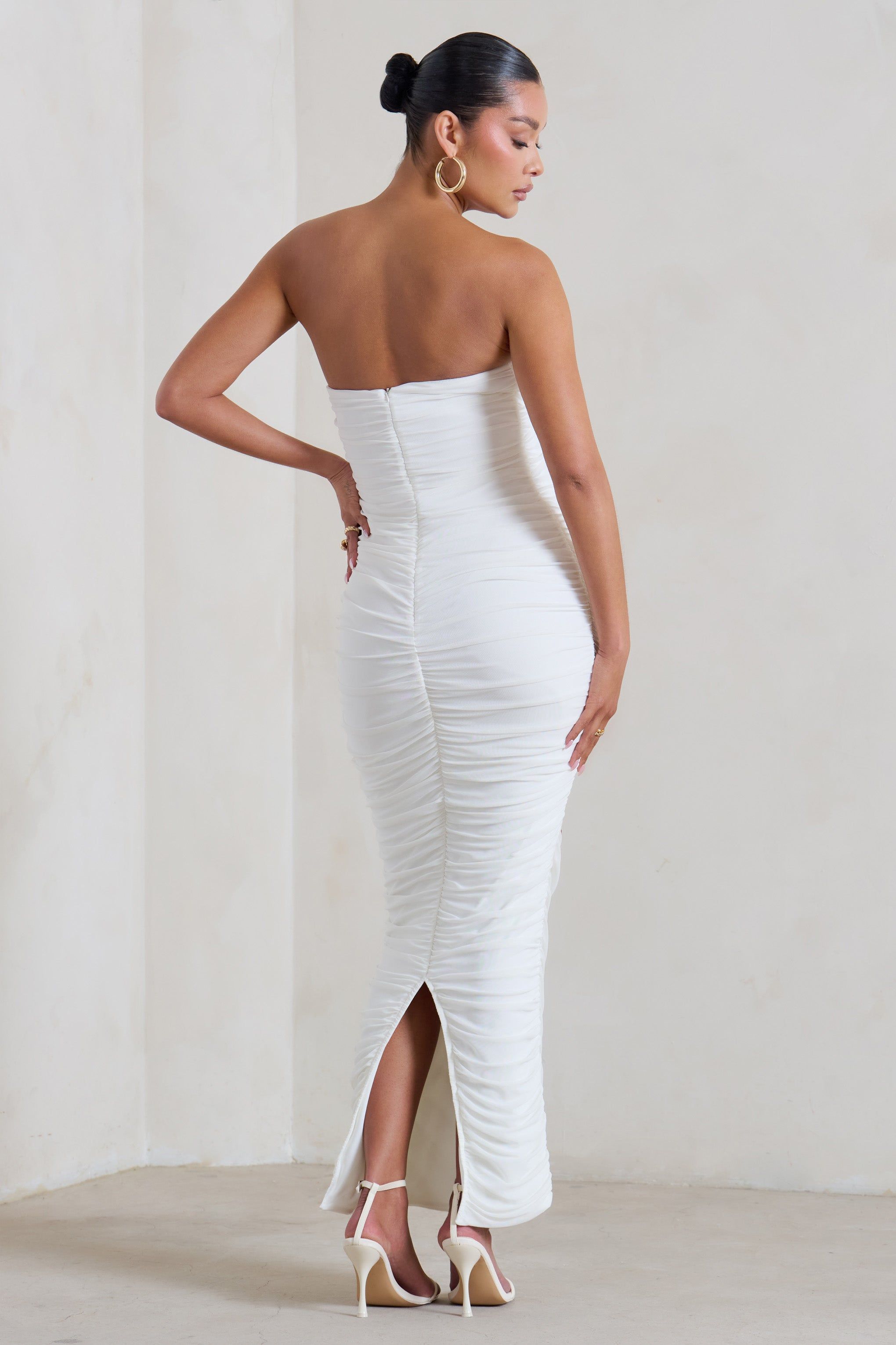 My Lady | Maternity White Strapless Bodycon Ruched Mesh Maxi Dress sold by Club L London product image thumbnail 2