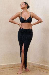 Longing | Black Ruched Chiffon Split Maxi Skirt With Drawstrings sold by Club L London