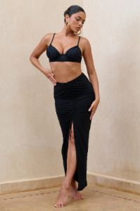 Longing | Black Ruched Chiffon Split Maxi Skirt With Drawstrings sold by Club L London
