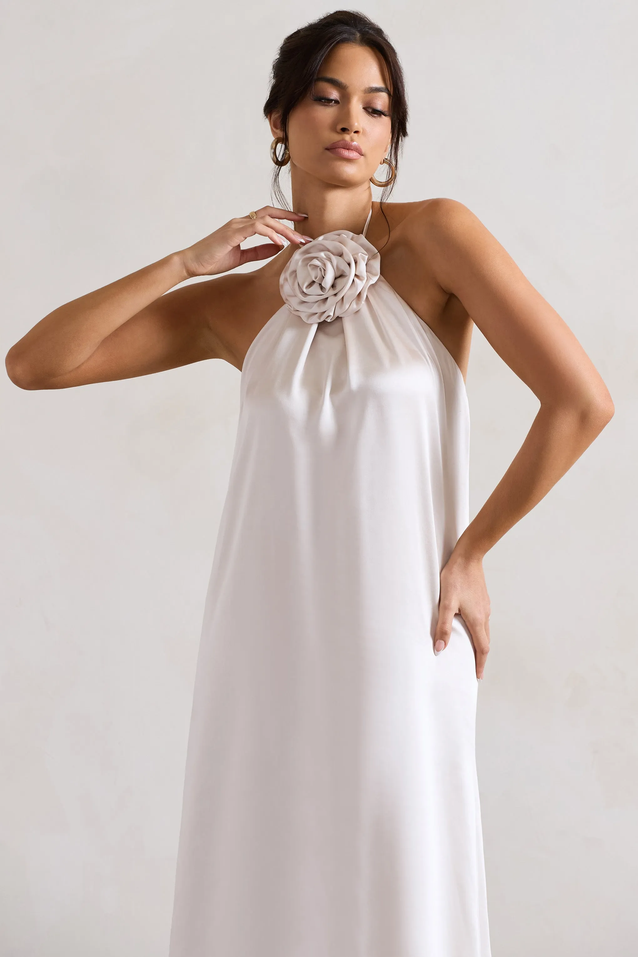 Everleigh | Cream Satin Relaxed Fit Maxi Column Dress With Corsage sold by Club L London product image thumbnail 3