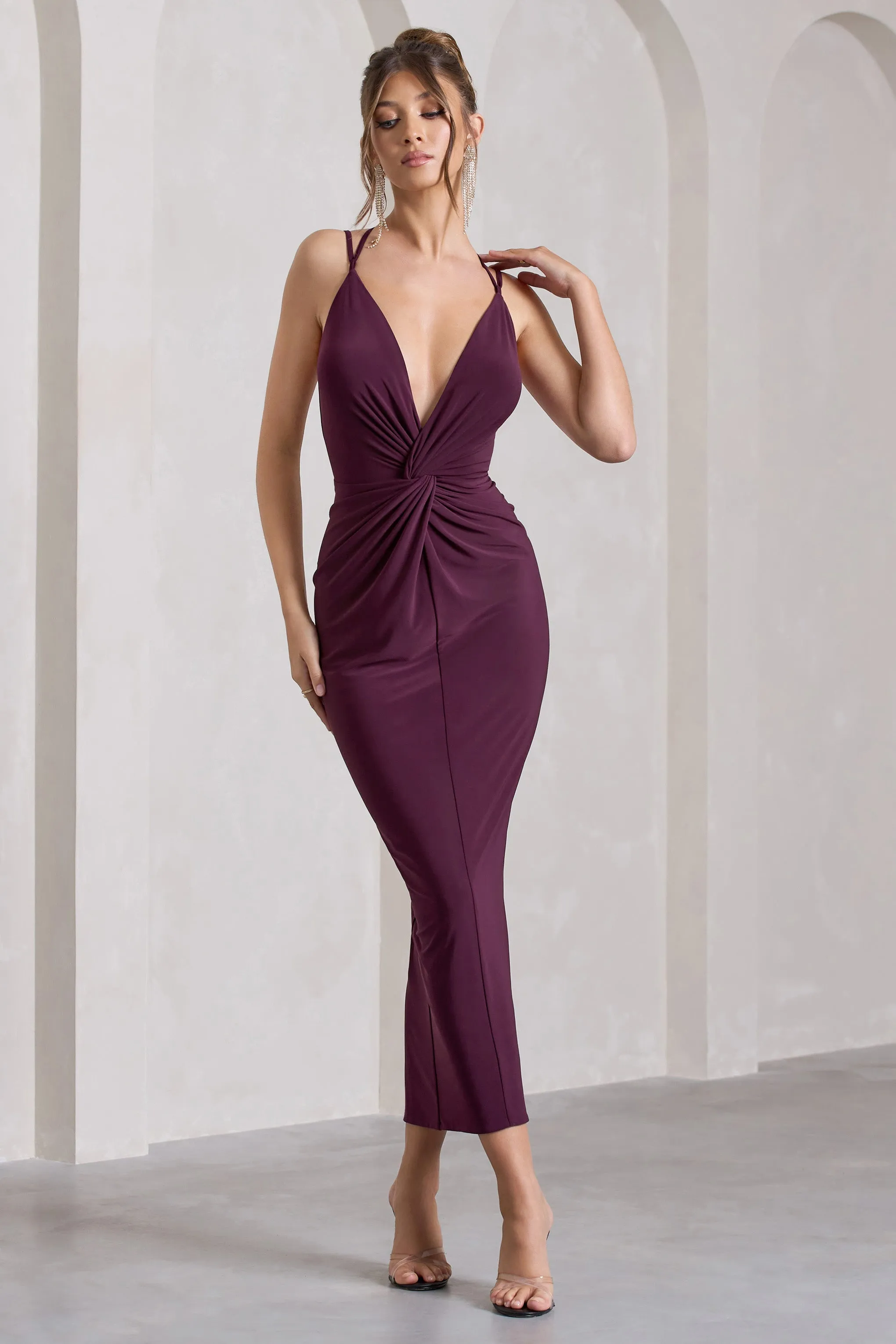Yvette | Plum Plunge-Neck Twisted Maxi Dress With Cross-Back sold by Club L London product image thumbnail 5