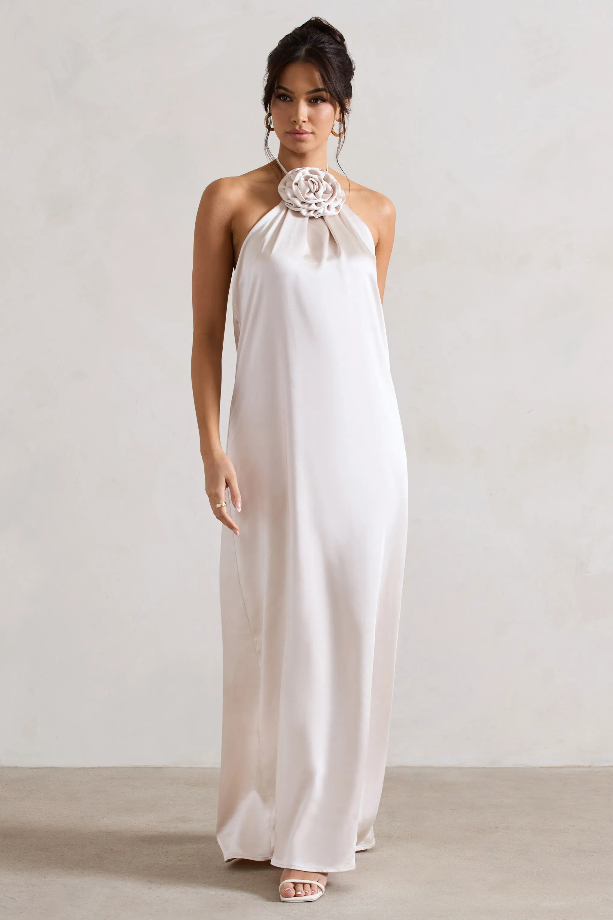 Everleigh | Cream Satin Relaxed Fit Maxi Column Dress With Corsage sold by Club L London product image thumbnail 4