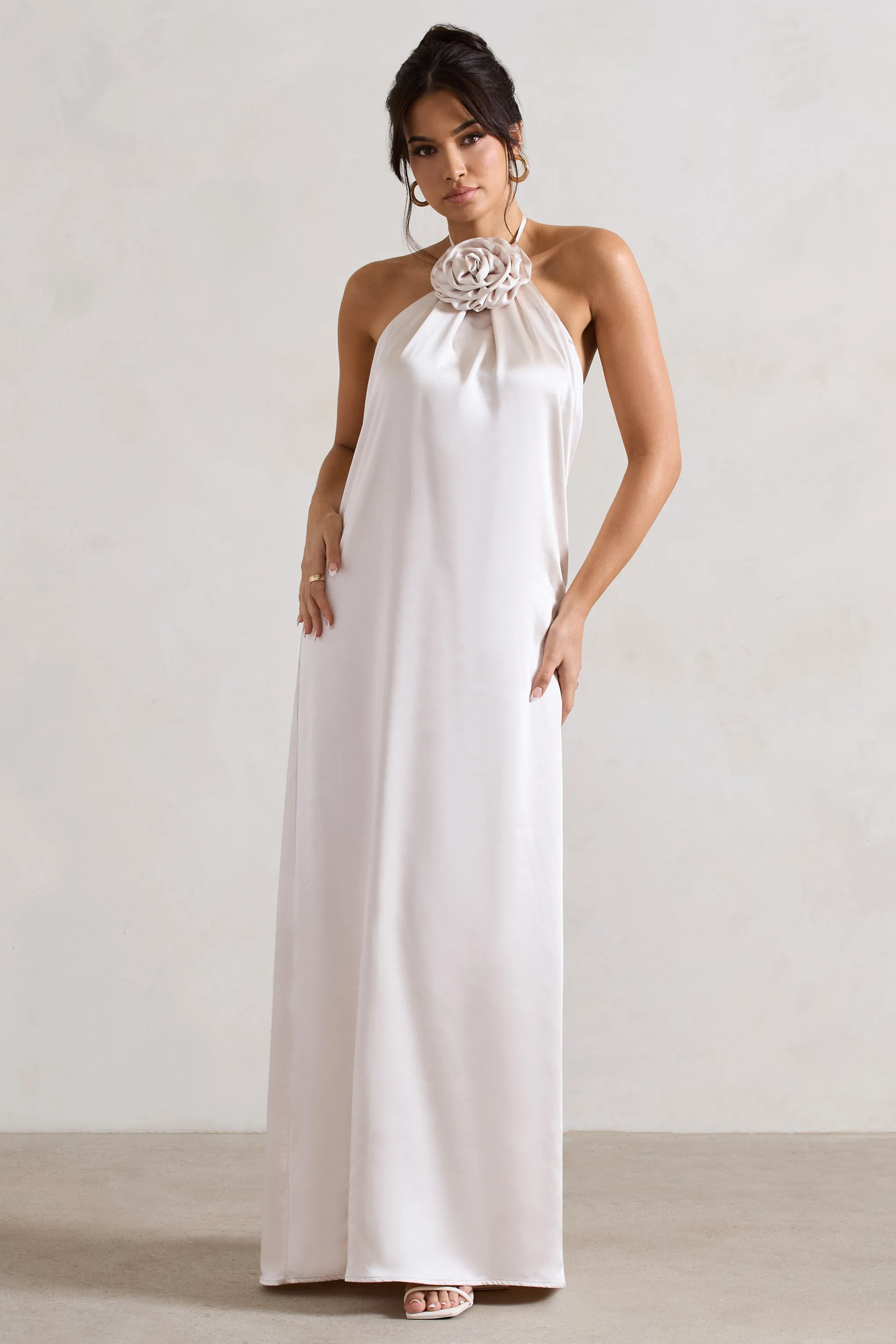 Everleigh | Cream Satin Relaxed Fit Maxi Column Dress With Corsage sold by Club L London