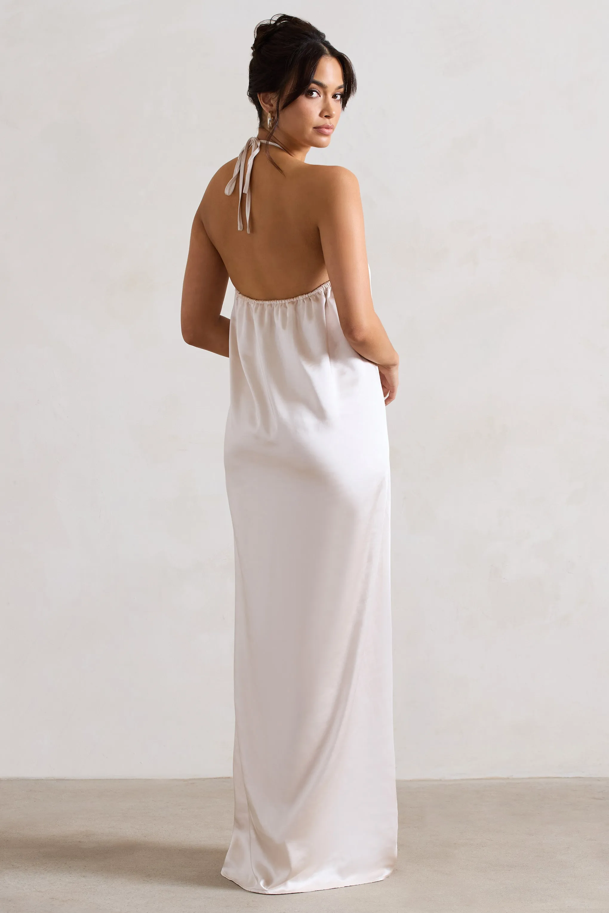 Everleigh | Cream Satin Relaxed Fit Maxi Column Dress With Corsage sold by Club L London product image thumbnail 2