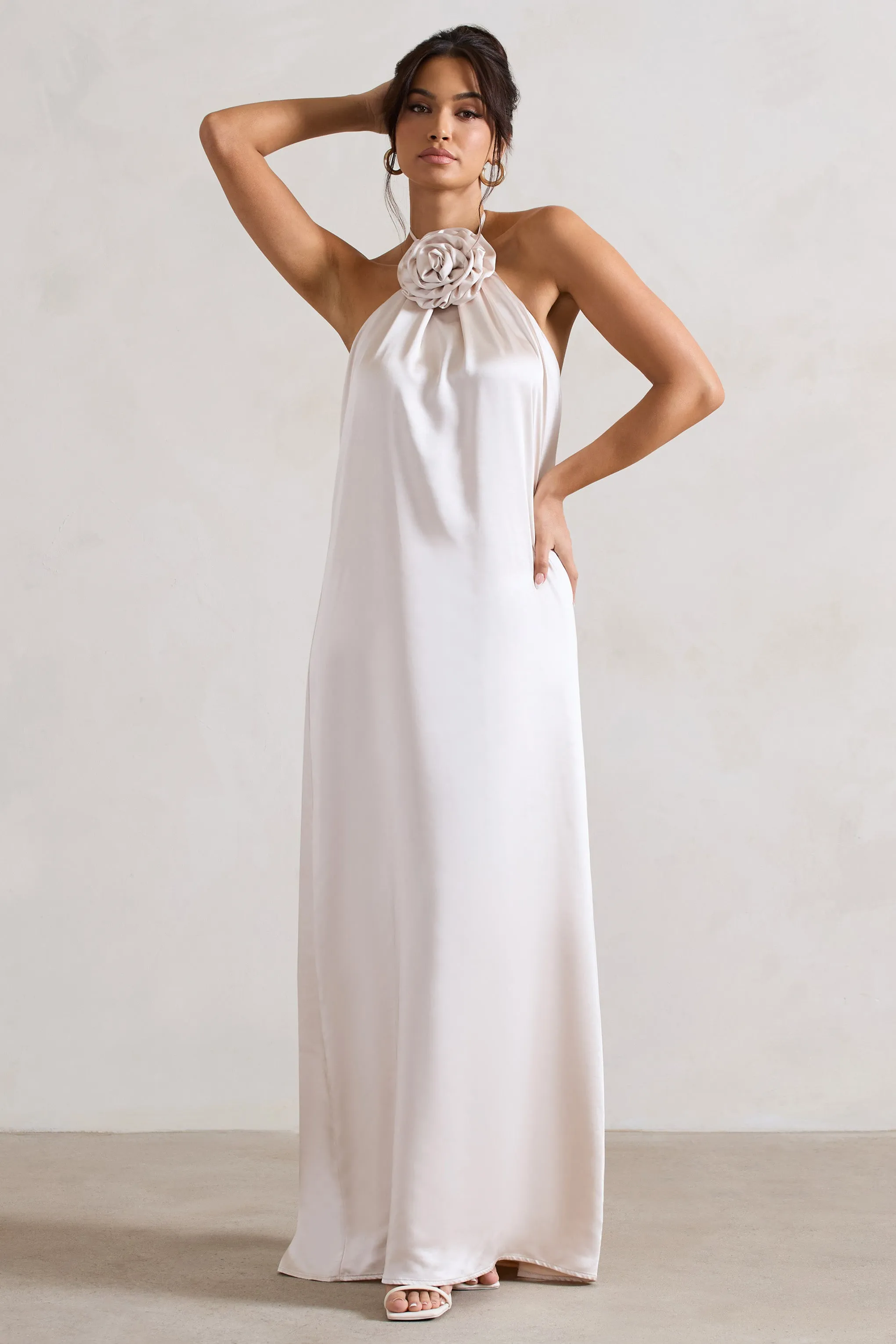 Everleigh | Cream Satin Relaxed Fit Maxi Column Dress With Corsage sold by Club L London product image thumbnail 5