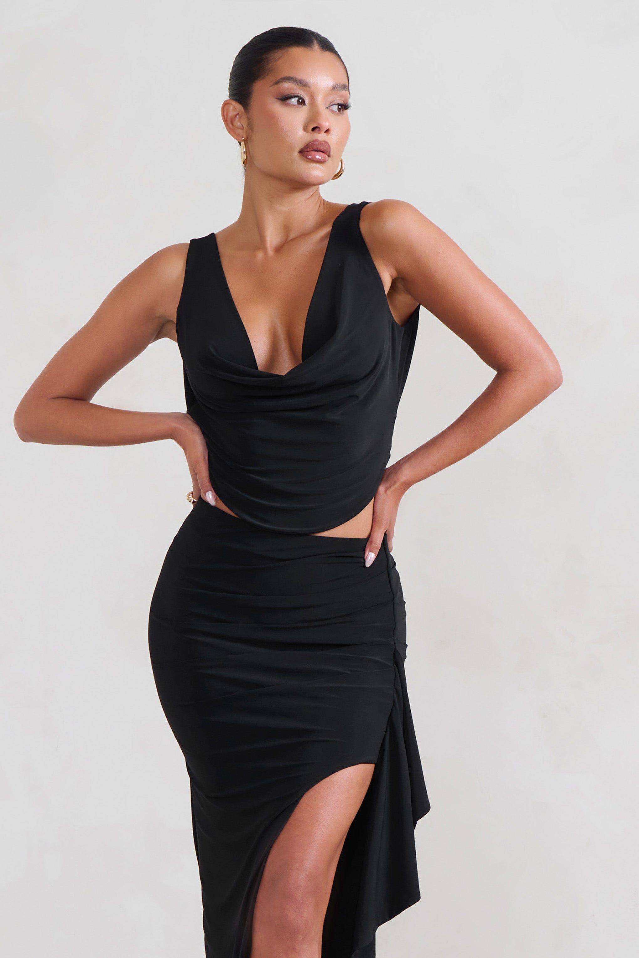 Femme Classique | Black Cowl Crop Top sold by Club L London product image thumbnail 4