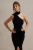 Nevaeh | Black Asymmetric High-Neck Ruffle Split Maxi Dress sold by Club L London
