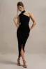 Nevaeh | Black Asymmetric High-Neck Ruffle Split Maxi Dress sold by Club L London