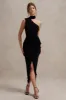 Nevaeh | Black Asymmetric High-Neck Ruffle Split Maxi Dress sold by Club L London