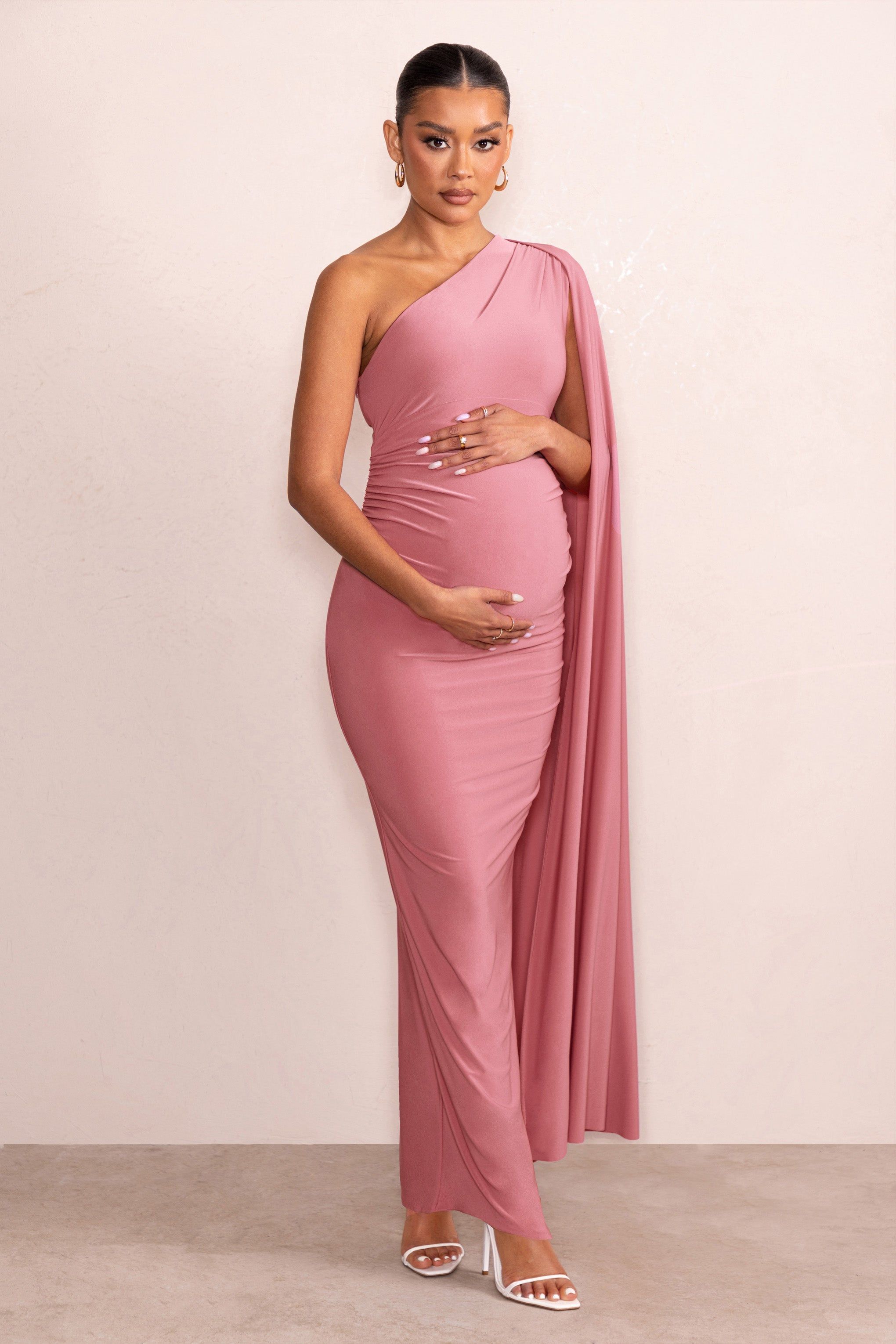 Amaryllis | Blush Pink Maternity One Shoulder Maxi Dress with Cape Sleeve sold by Club L London product image thumbnail 4