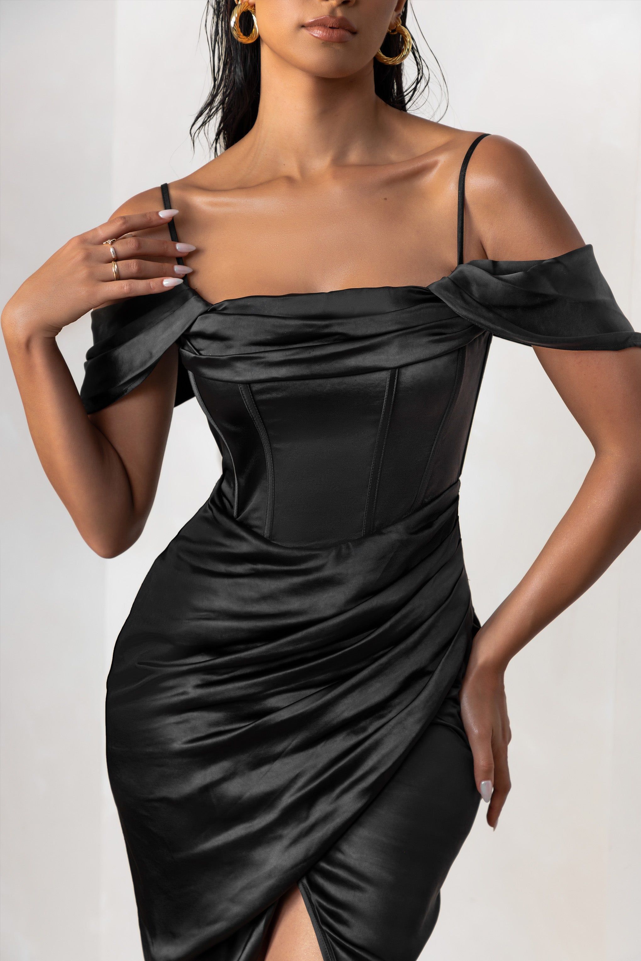 Deserving | Black Satin Bardot Sleeve Corset Wrap Midi Dress sold by Club L London product image thumbnail 3