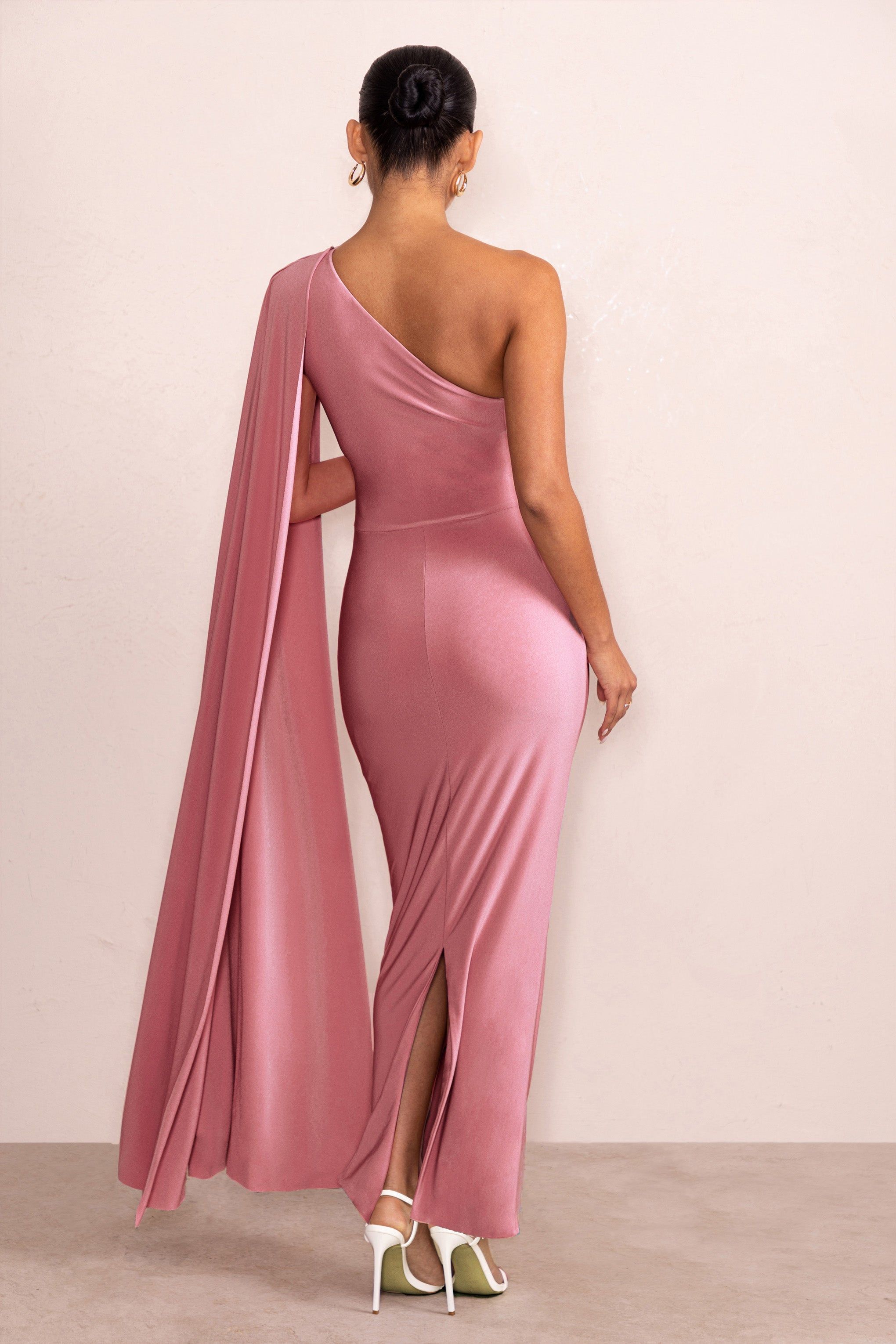 Amaryllis | Blush Pink Maternity One Shoulder Maxi Dress with Cape Sleeve sold by Club L London product image thumbnail 2