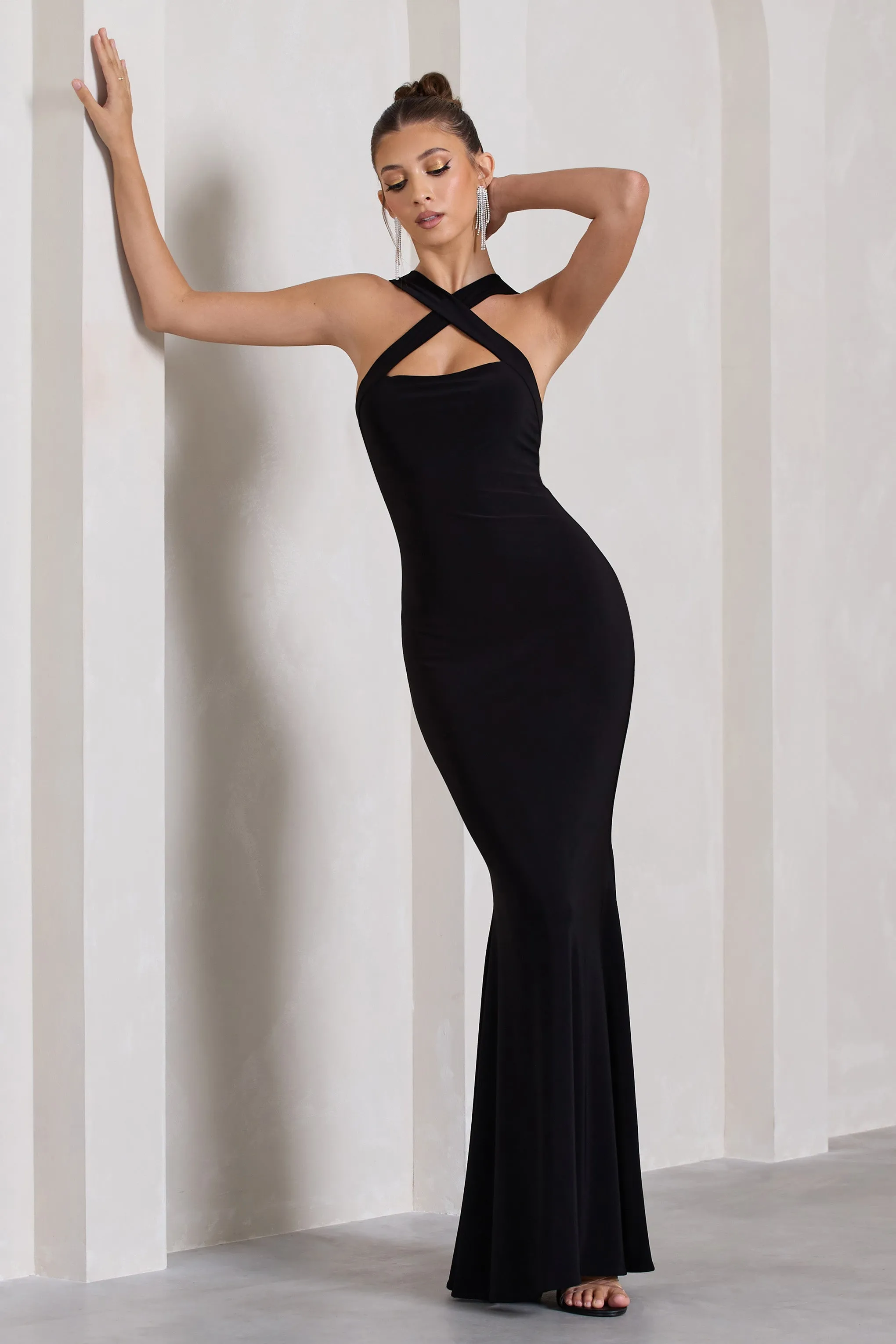 Cross My Heart | Black Sleeveless Cross-Neck Maxi Dress sold by Club L London product image thumbnail 5