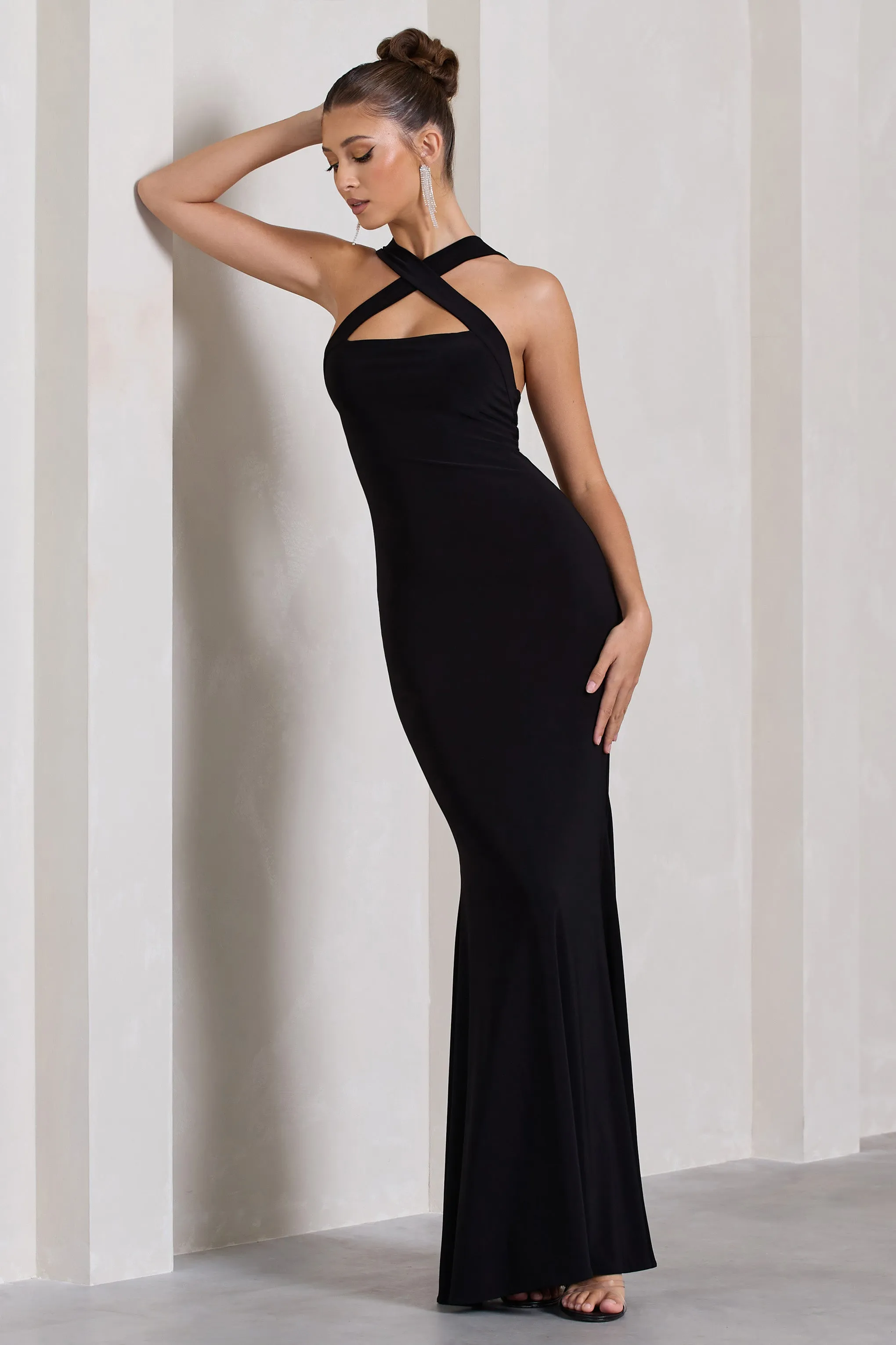Cross My Heart | Black Sleeveless Cross-Neck Maxi Dress sold by Club L London product image thumbnail 2