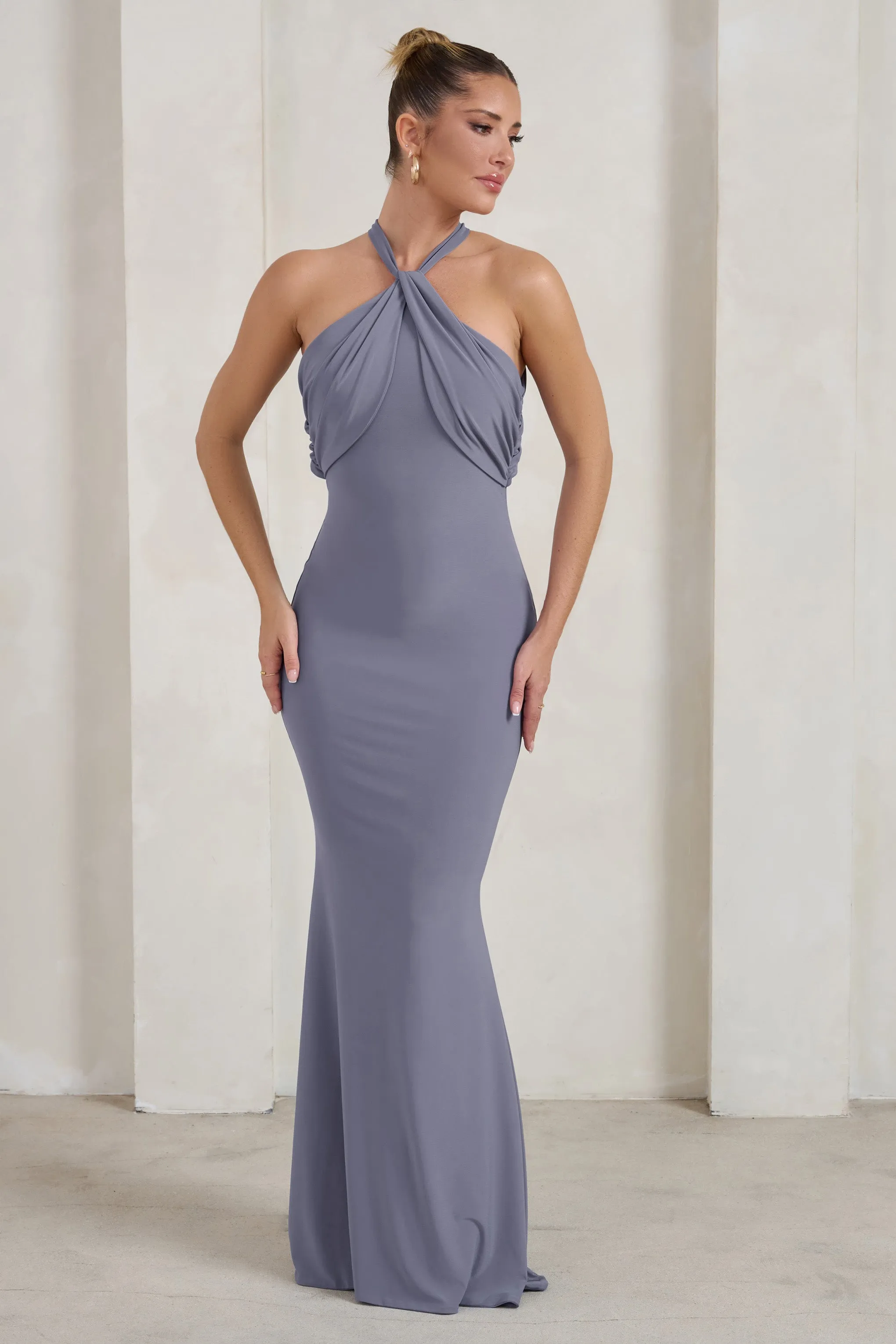 Genevieve | Grey Twist High Neck Drape Detail Maxi Dress sold by Club L London product image thumbnail 5