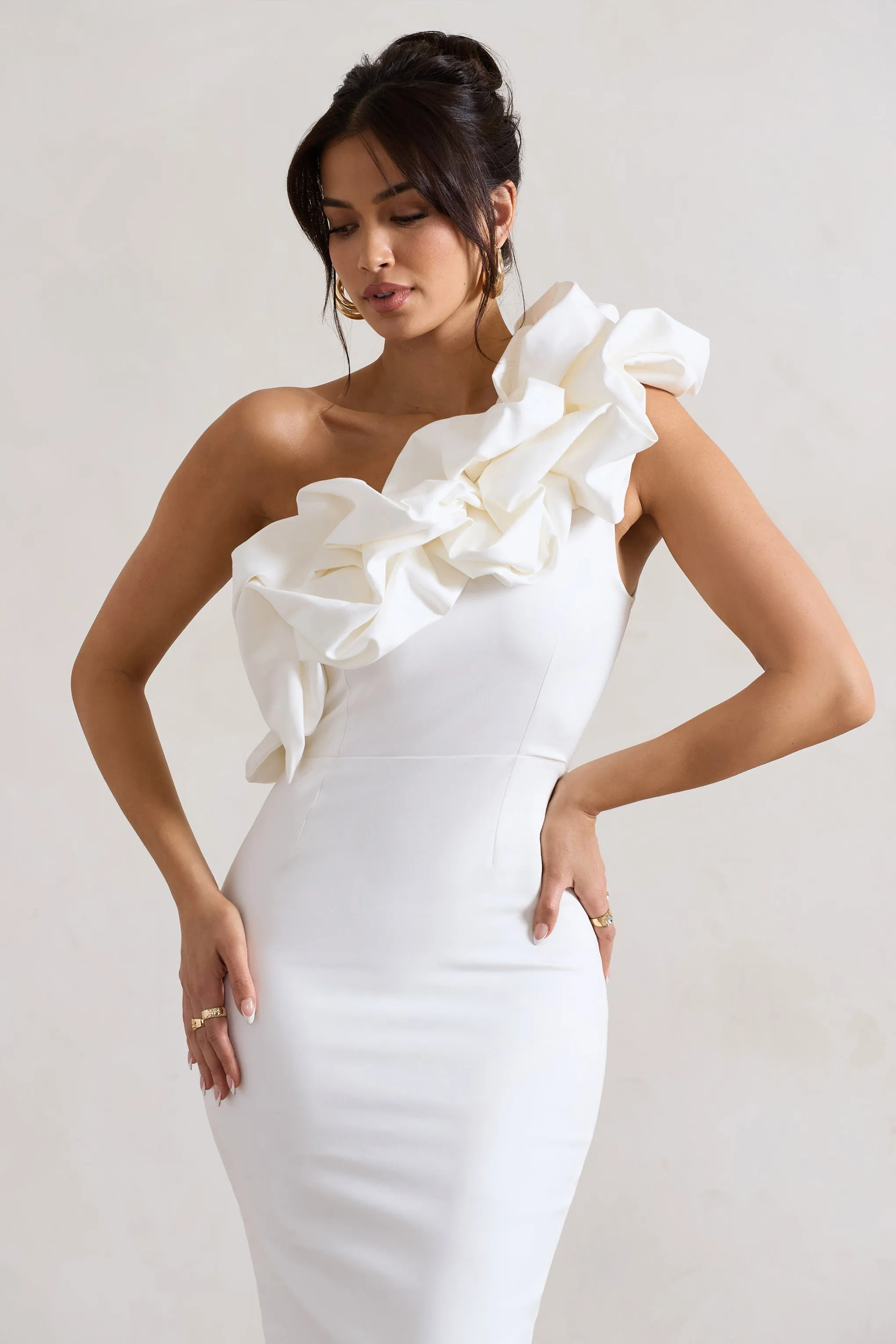 Orchestra | White One Shoulder Ruffled Midi Dress sold by Club L London product image thumbnail 3