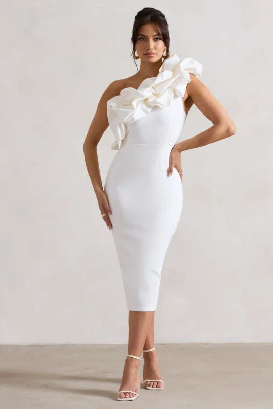 Orchestra | White One Shoulder Ruffled Midi Dress sold by Club L London
