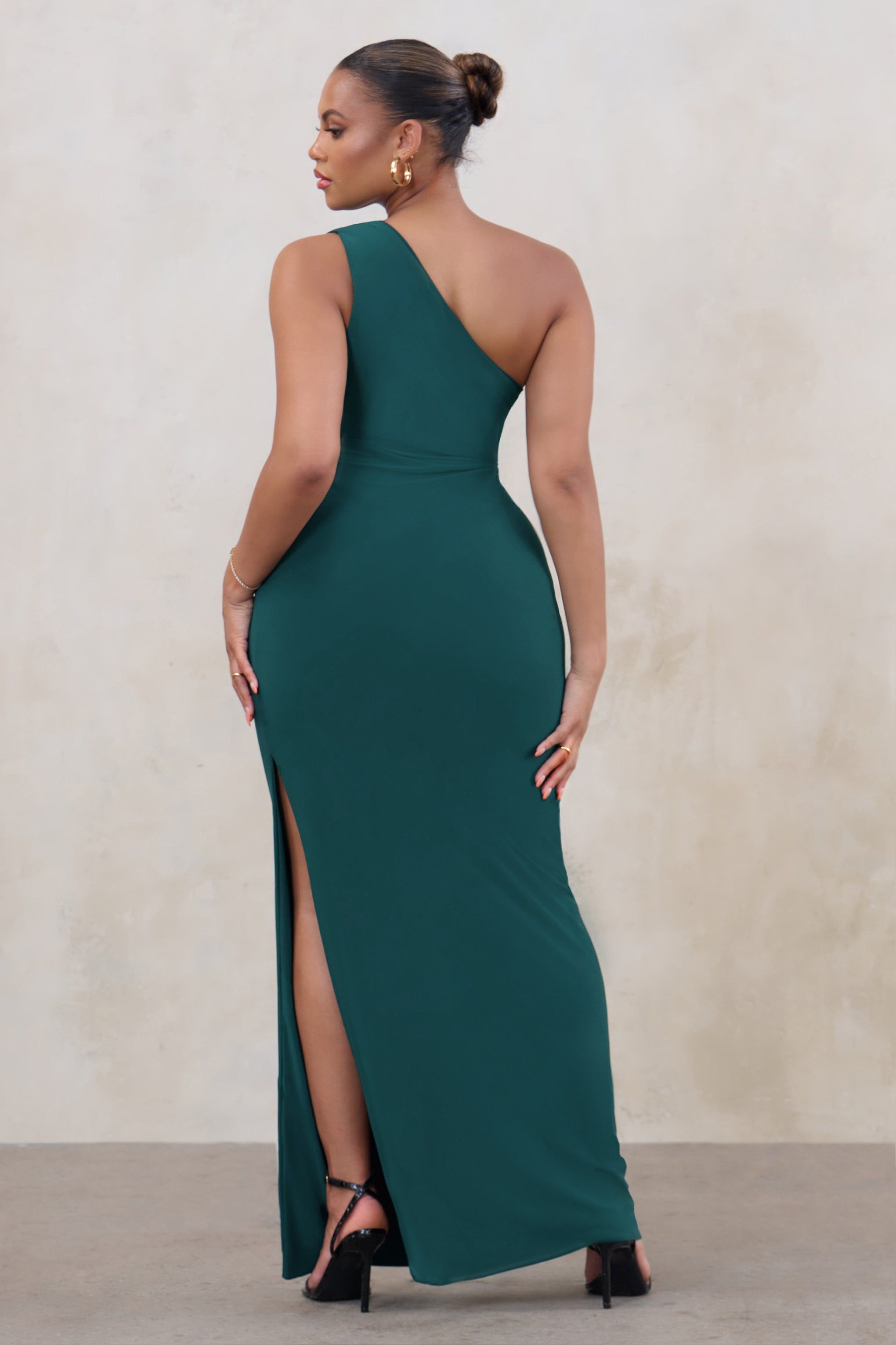 Moment In Time | Plus Bottle Green Ruched Panel One Shoulder Maxi Dress sold by Club L London product image thumbnail 2