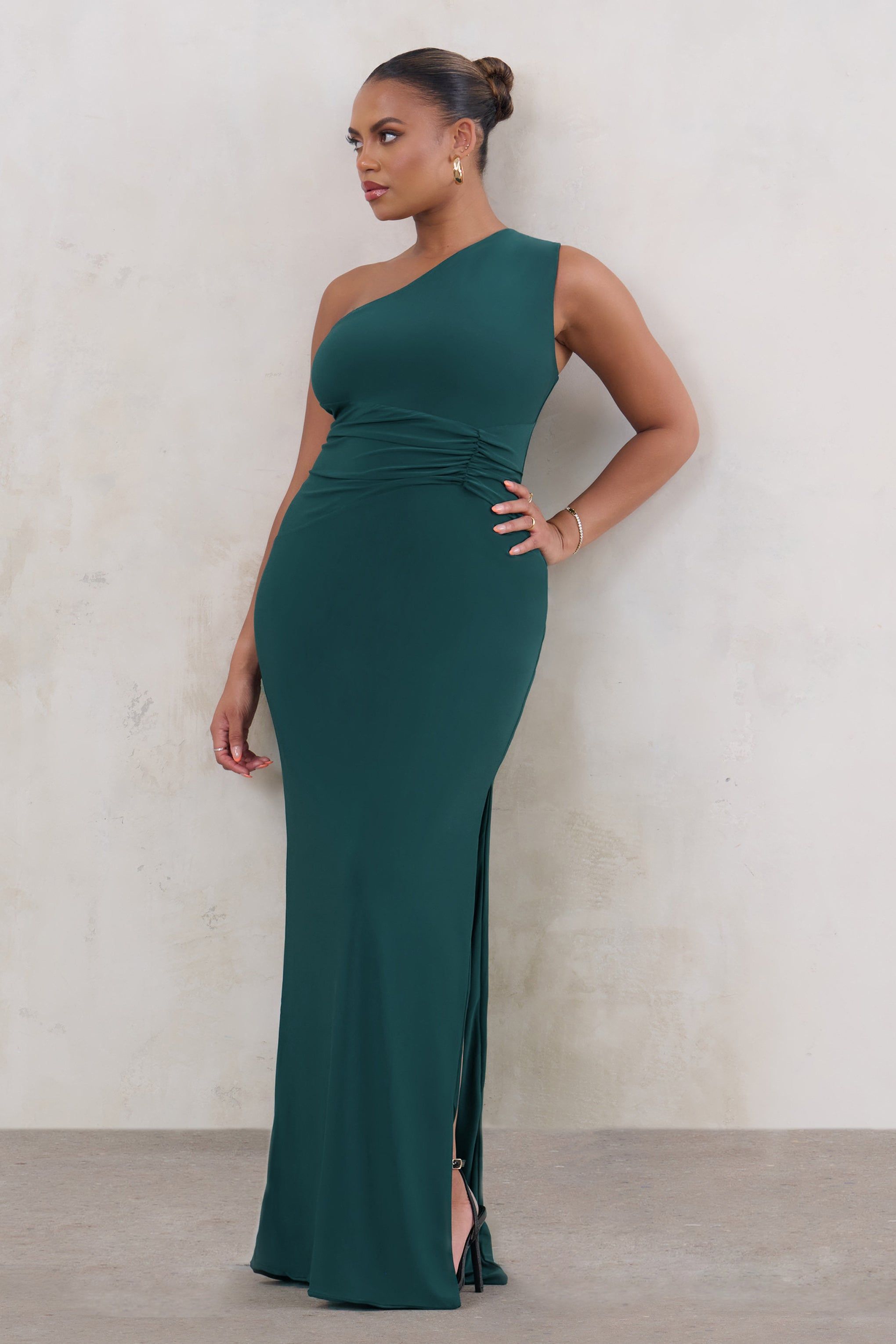 Moment In Time | Plus Bottle Green Ruched Panel One Shoulder Maxi Dress sold by Club L London product image thumbnail 3