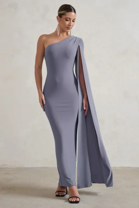 Dominique | Grey One Shoulder Cape Sleeve Bodycon Maxi Dress sold by Club L London