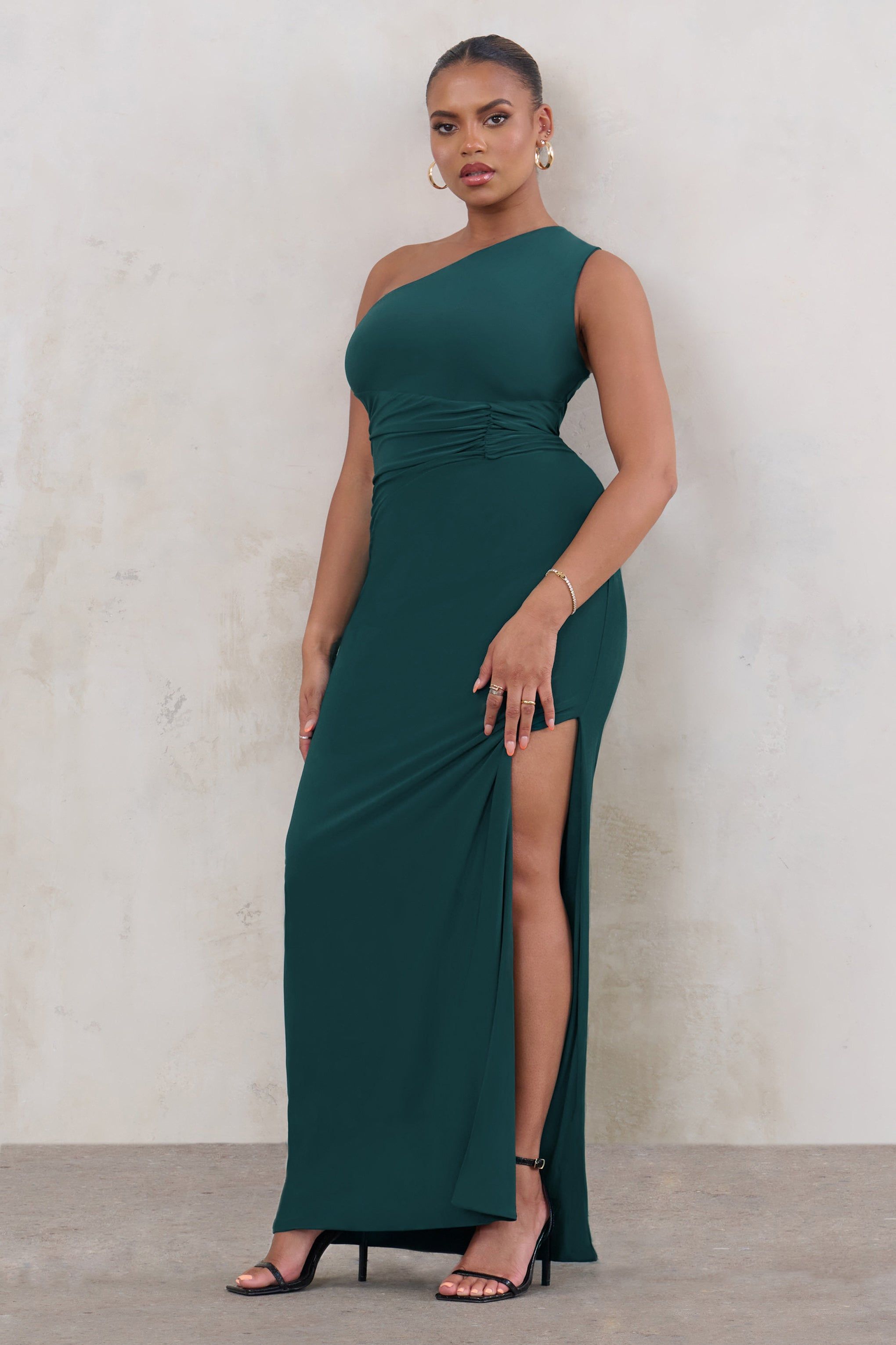 Moment In Time | Plus Bottle Green Ruched Panel One Shoulder Maxi Dress sold by Club L London