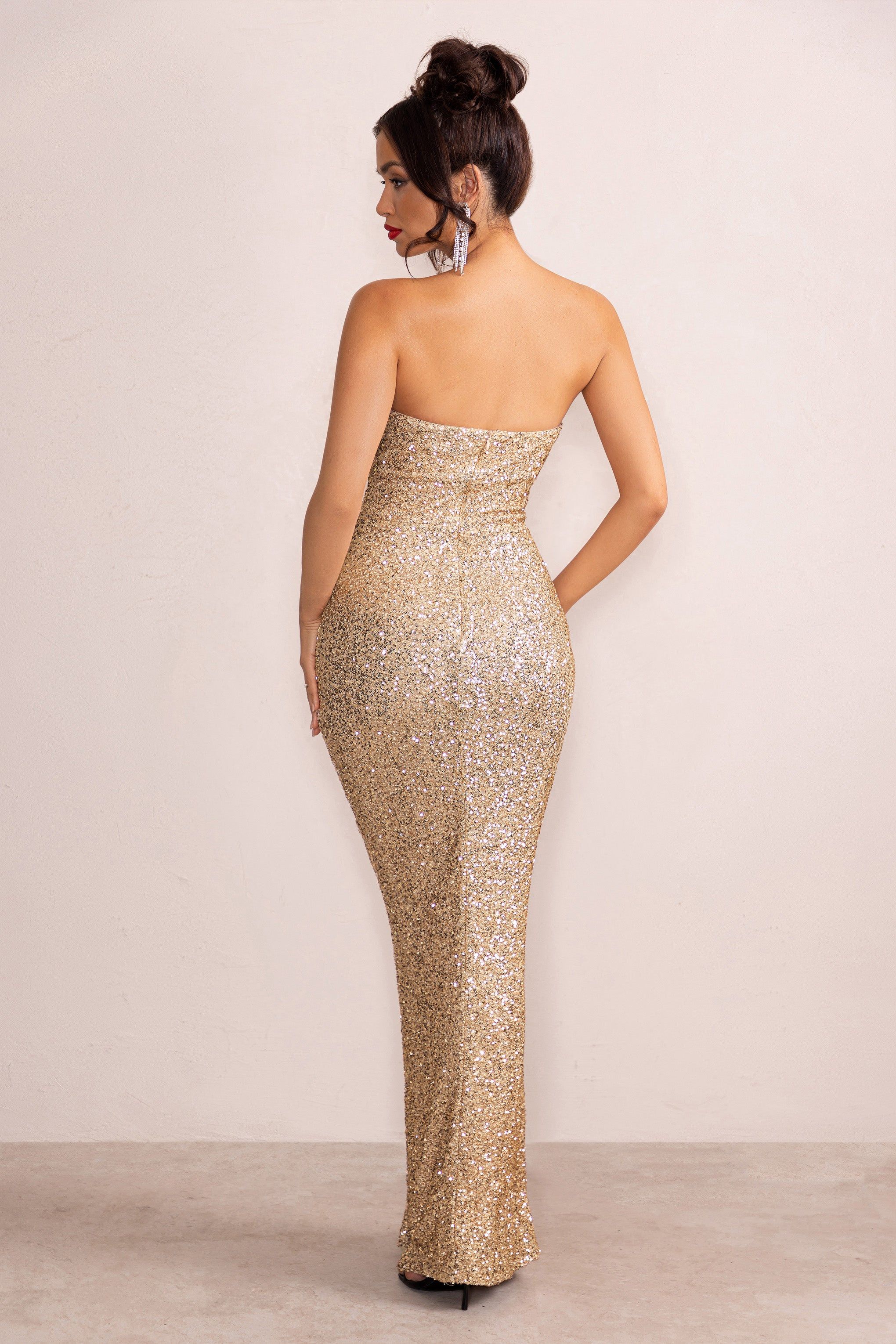 Almira | Champagne Sequin Bandeau Maxi Dress With Split Hem sold by Club L London product image thumbnail 2