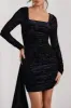 Crimson Cut | Black Velvet Floral Long-Sleeved Ruffled Bodycon Mini Dress sold by Club L London