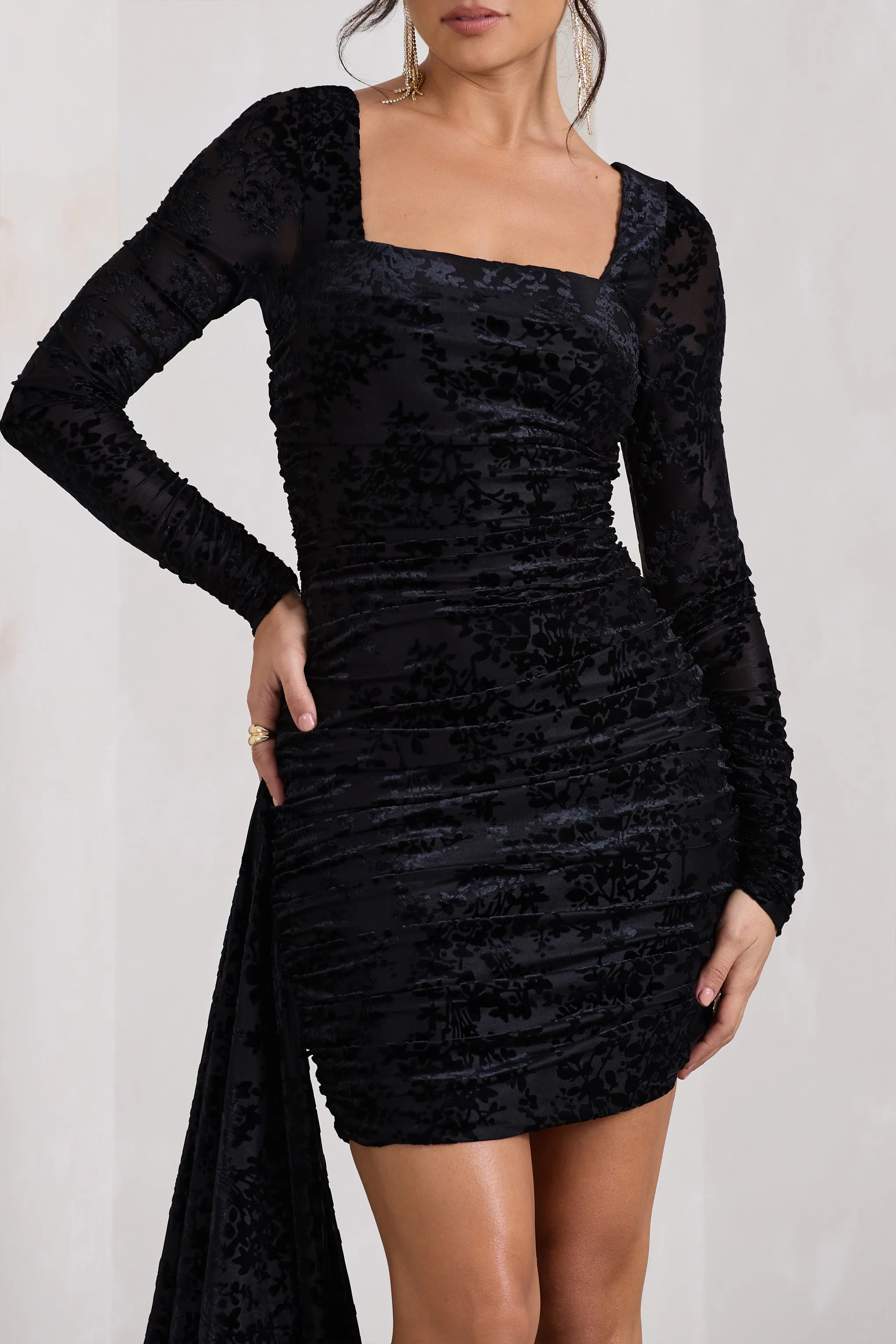 Crimson Cut | Black Velvet Floral Long-Sleeved Ruffled Bodycon Mini Dress sold by Club L London product image thumbnail 3