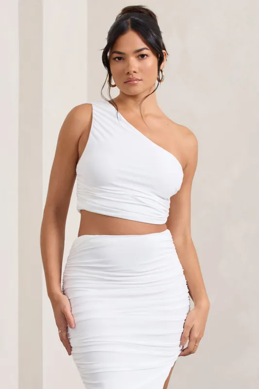 Eclipse | White One Shoulder Ruched Crop Top sold by Club L London